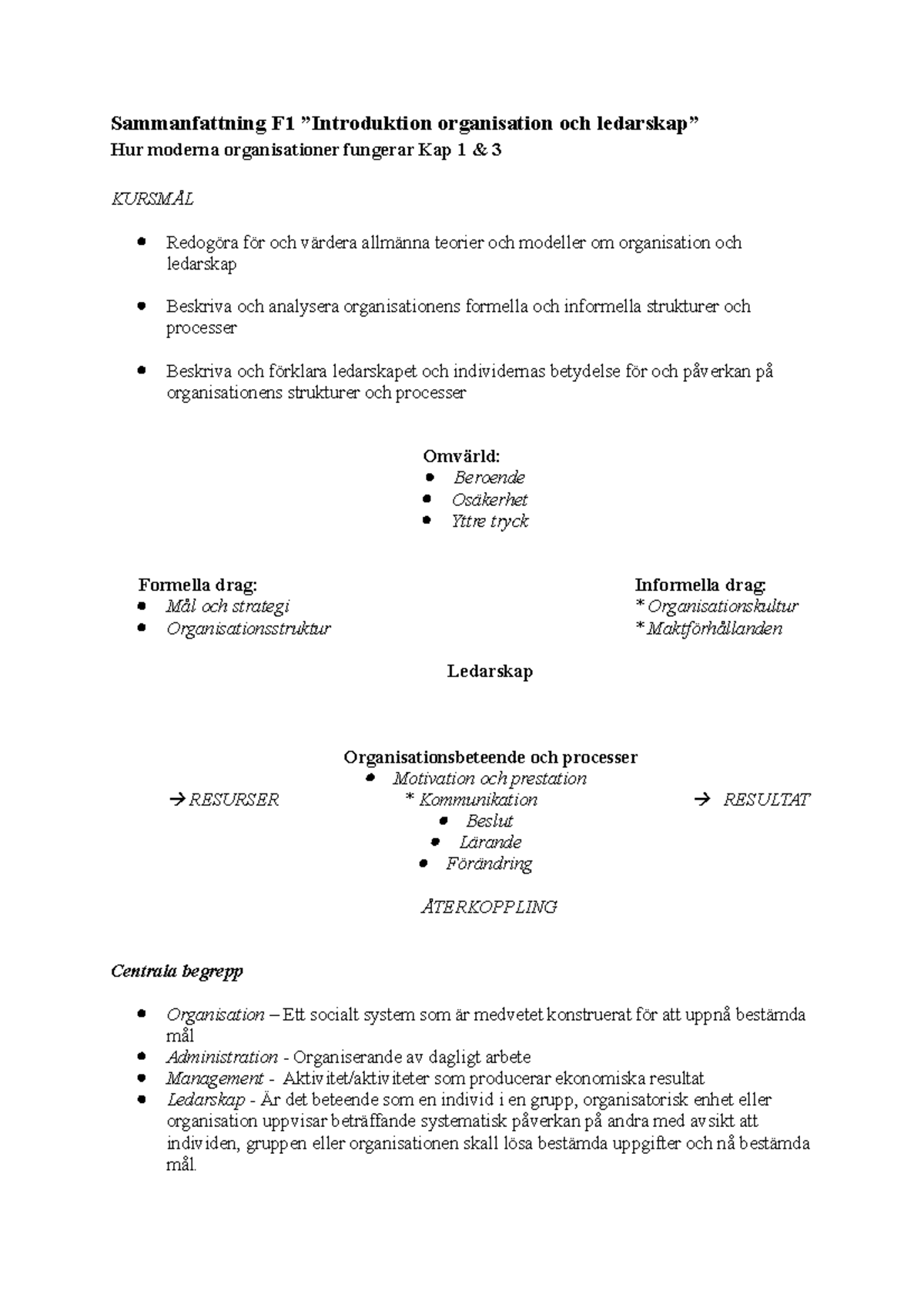 Organisation Och Ledarskap Sammanfattning - Sammanfattning F1 ...