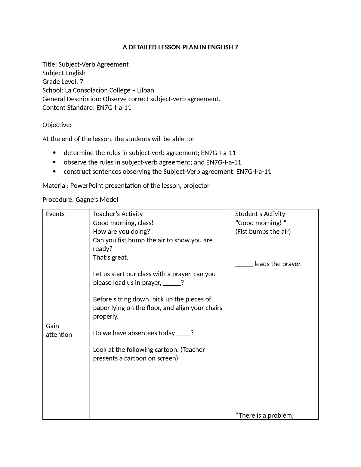 Subject Verb Agreement Disciplinary - A DETAILED LESSON PLAN IN ENGLISH ...