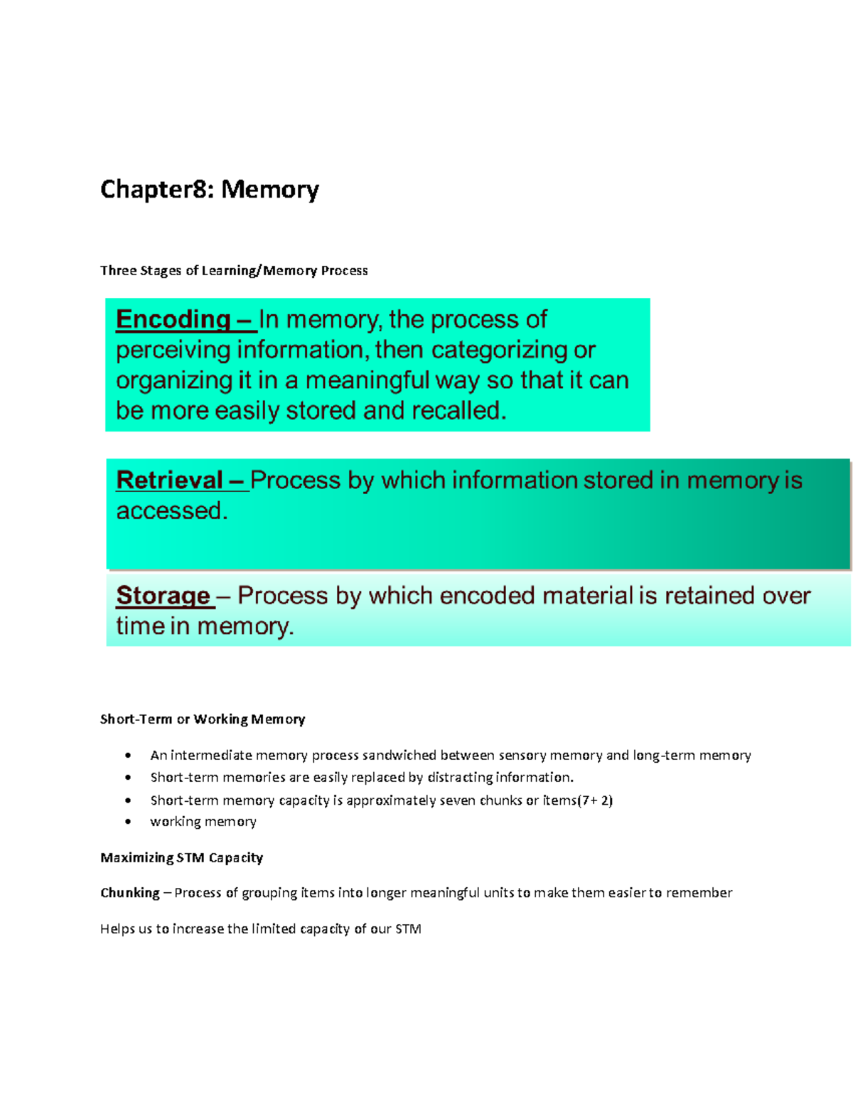 Chapter 8 Notes - Ch.8 - Chapter8: Memory Three Stages Of Learning ...