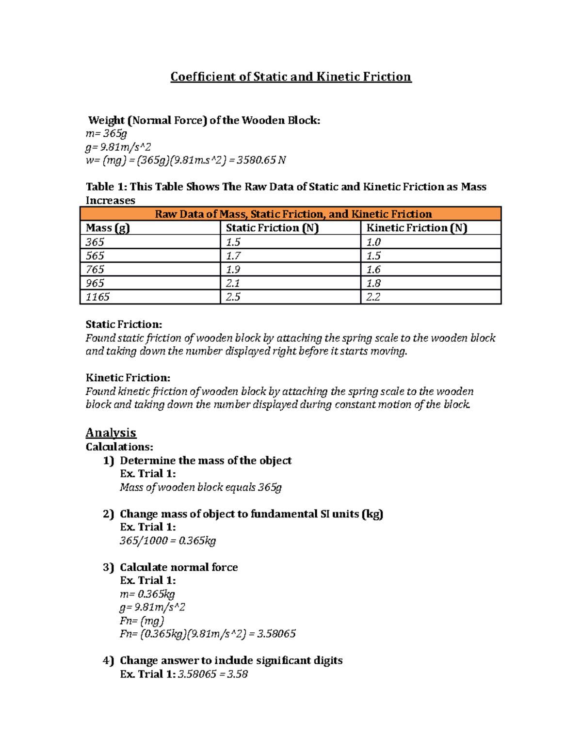 Coefficient Of Static And Kinetic Friction Lab Coefficient Of Static 