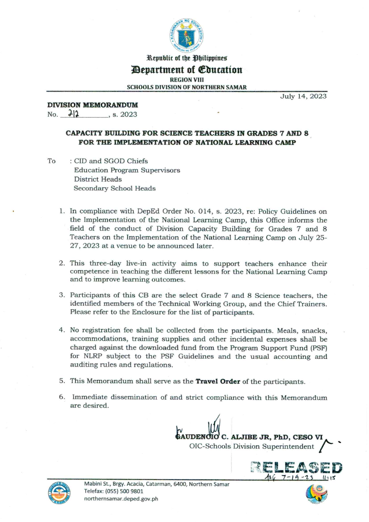 DM 212 s 2023 - Dep Ed Memorandum Region VIII Division of Northern ...