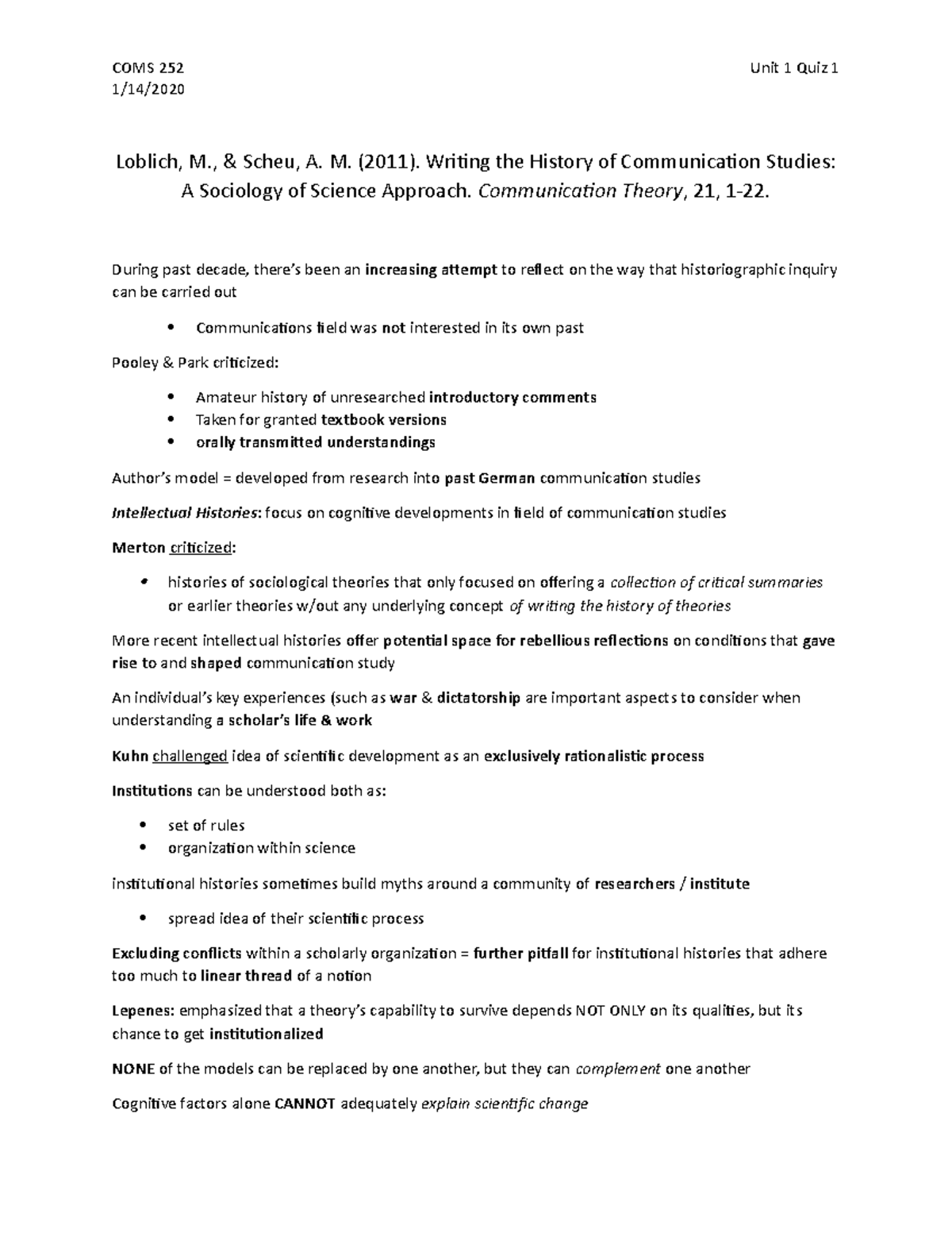Quiz 1 Notes - Quiz 1 Study Guide for Unit 1. - COMS 252 Unit 1 Quiz 1 ...