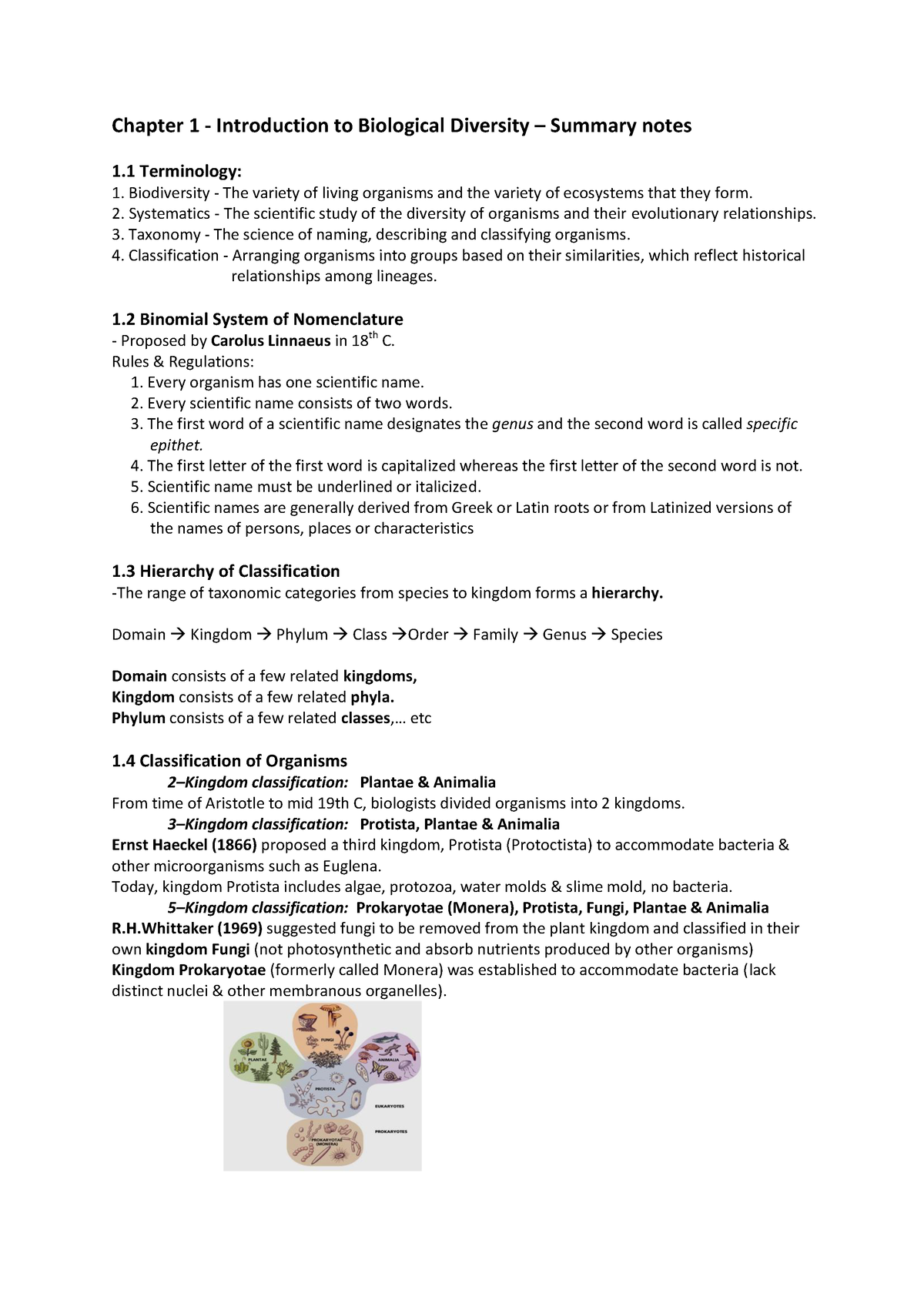 Chapter 1 -Introduction To Biological Diversity – Summary Notes ...