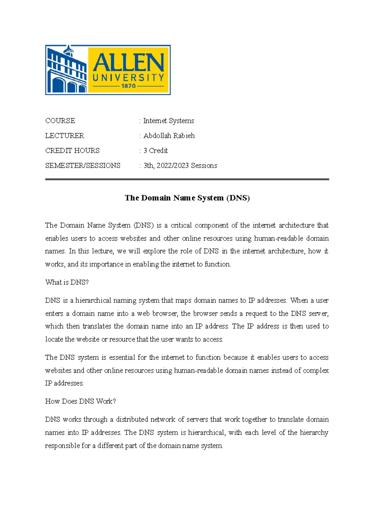 The Domain Name System Dns Internet Systems Course Internet