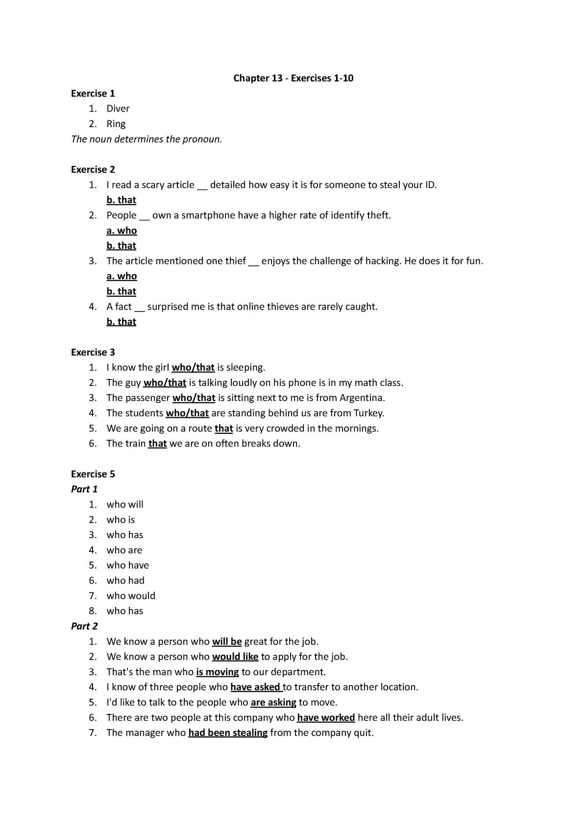 Grammar Chapter 13 Exercises 1-10 - Chapter 13 - Exercises 1- Exercise ...