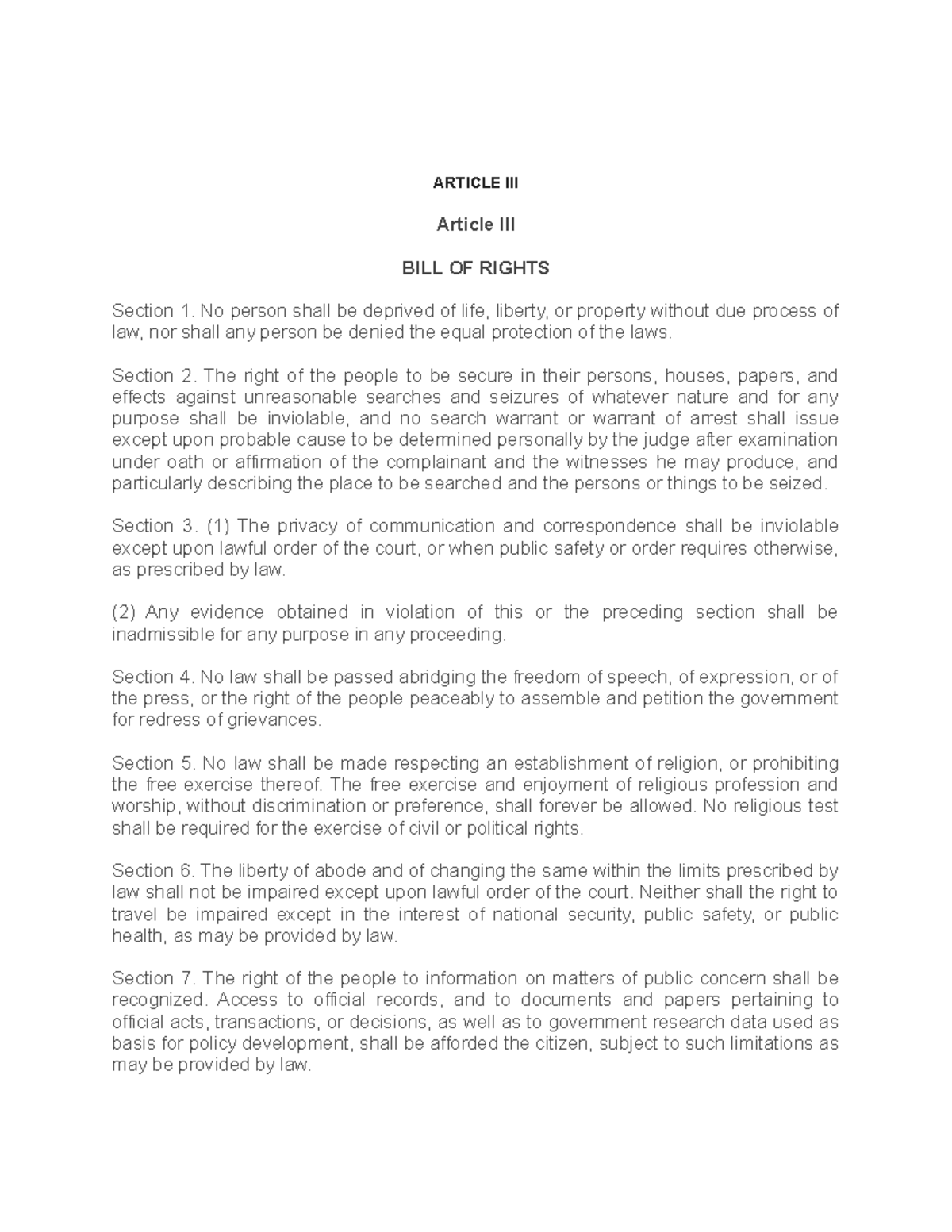 Article III - BILL of Rights - ARTICLE III Article III BILL OF RIGHTS ...