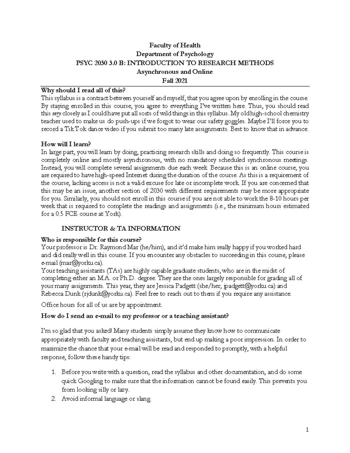 PSYC 2030 B F2021 Syllabus - Faculty Of Health Department Of Psychology ...