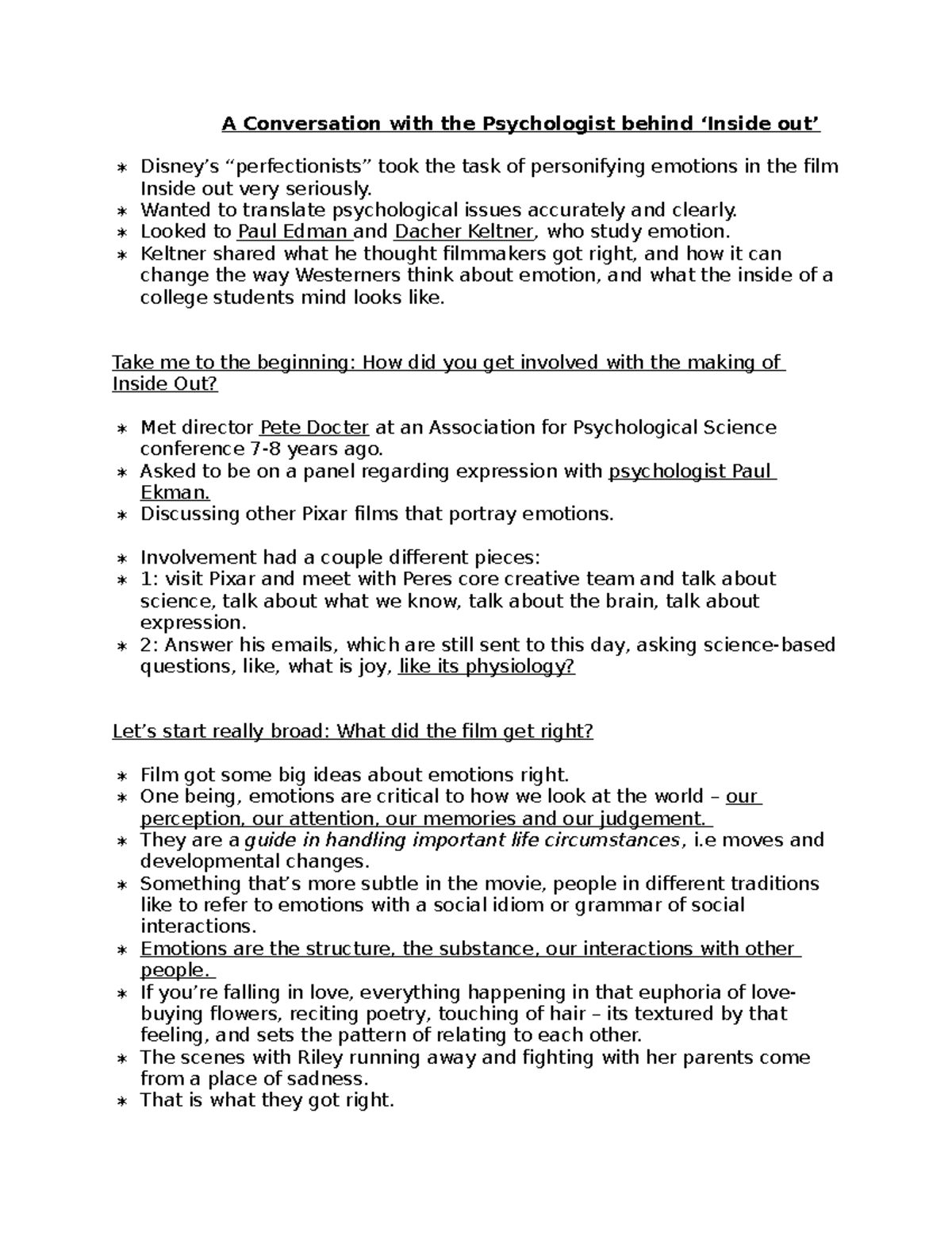 Notes on Inside out - A Conversation with the Psychologist behind ...