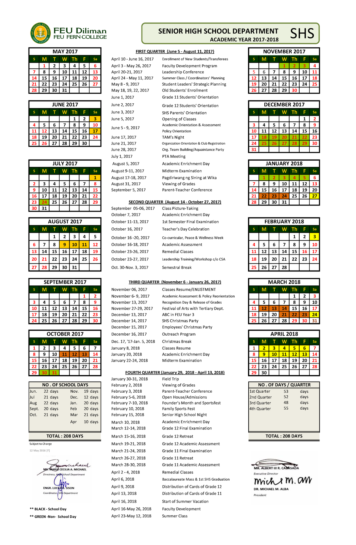 3 Approved Senior HIGH School DEPT School Calendar AY 2017 2018 01