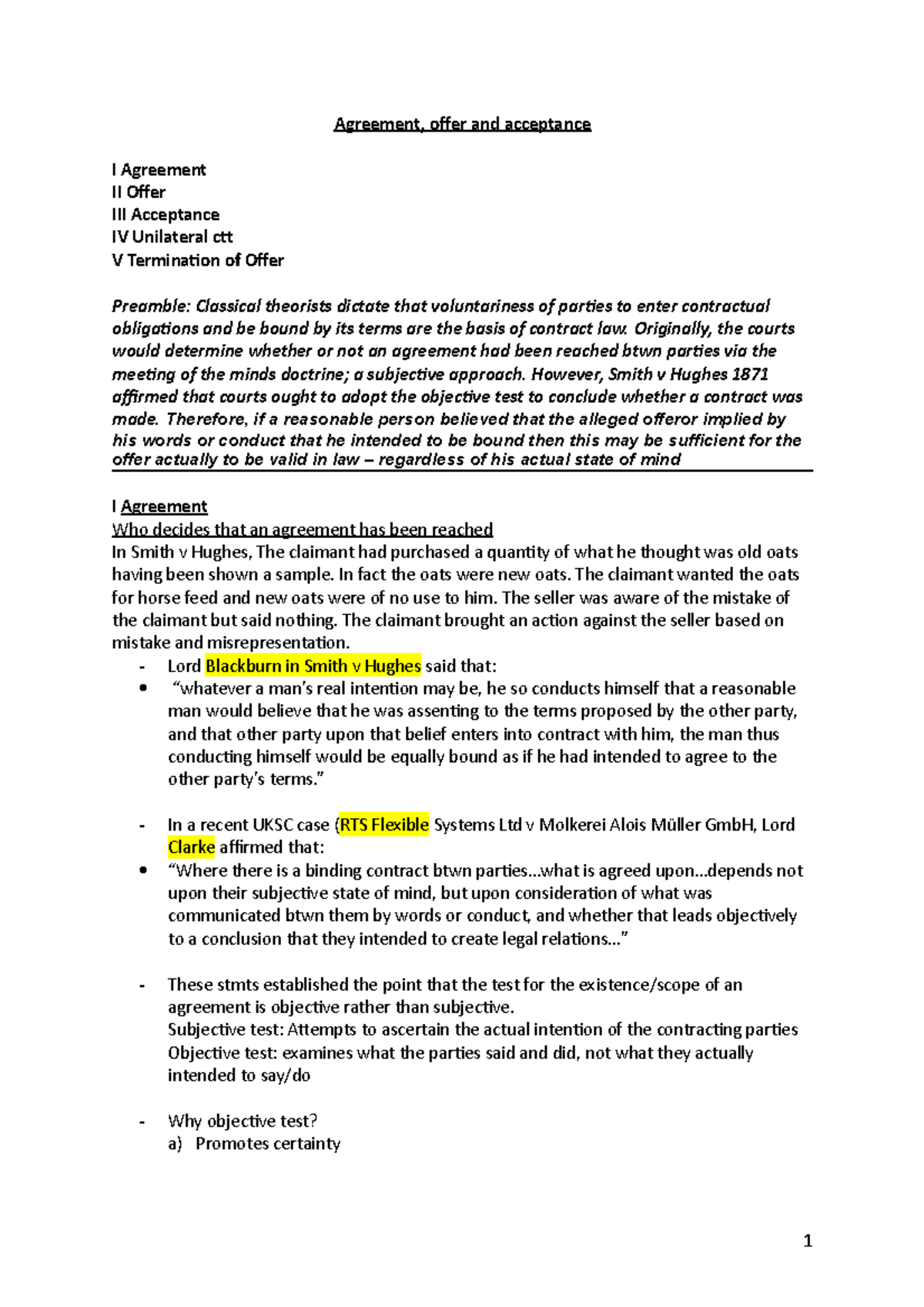 2 - notes - Agreement, offer and acceptance I Agreement II Offer III ...