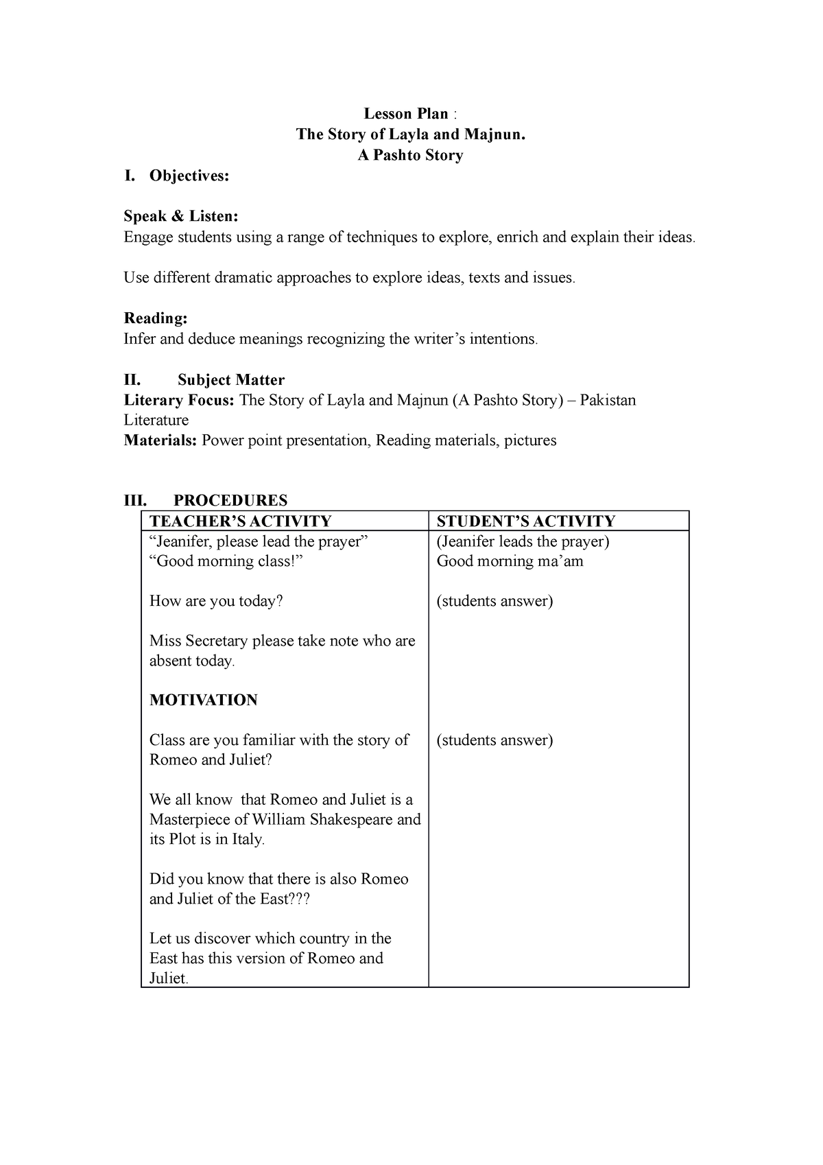 Learning plan Pakistan - Lesson Plan : The Story of Layla and Majnun. A ...