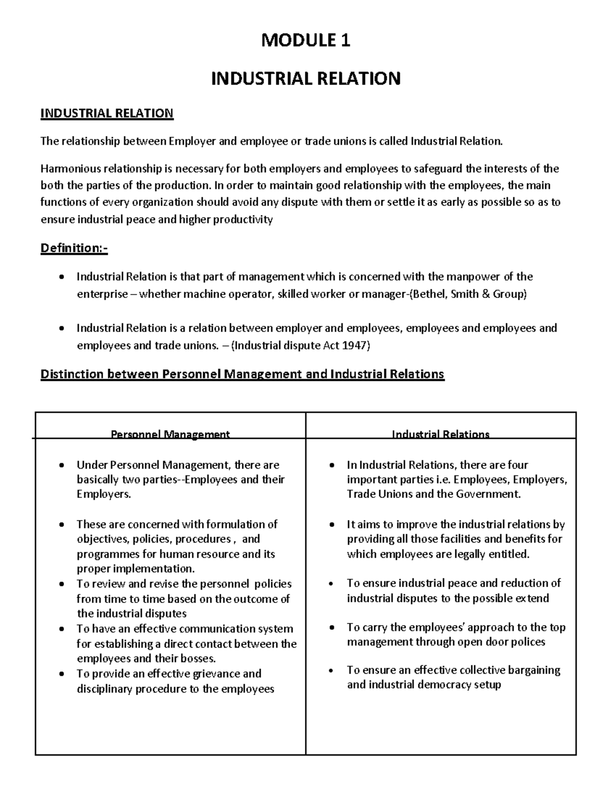 Industry relation MODULE 1 INDUSTRIAL RELATION INDUSTRIAL RELATION