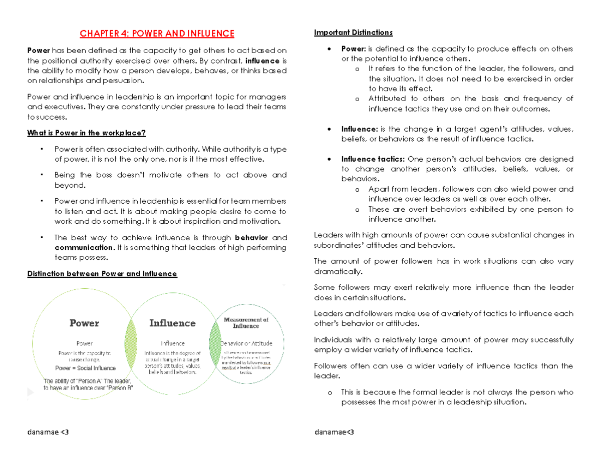 LidershipCH4 Reviewer CHAPTER 4 POWER AND INFLUENCE Power has been