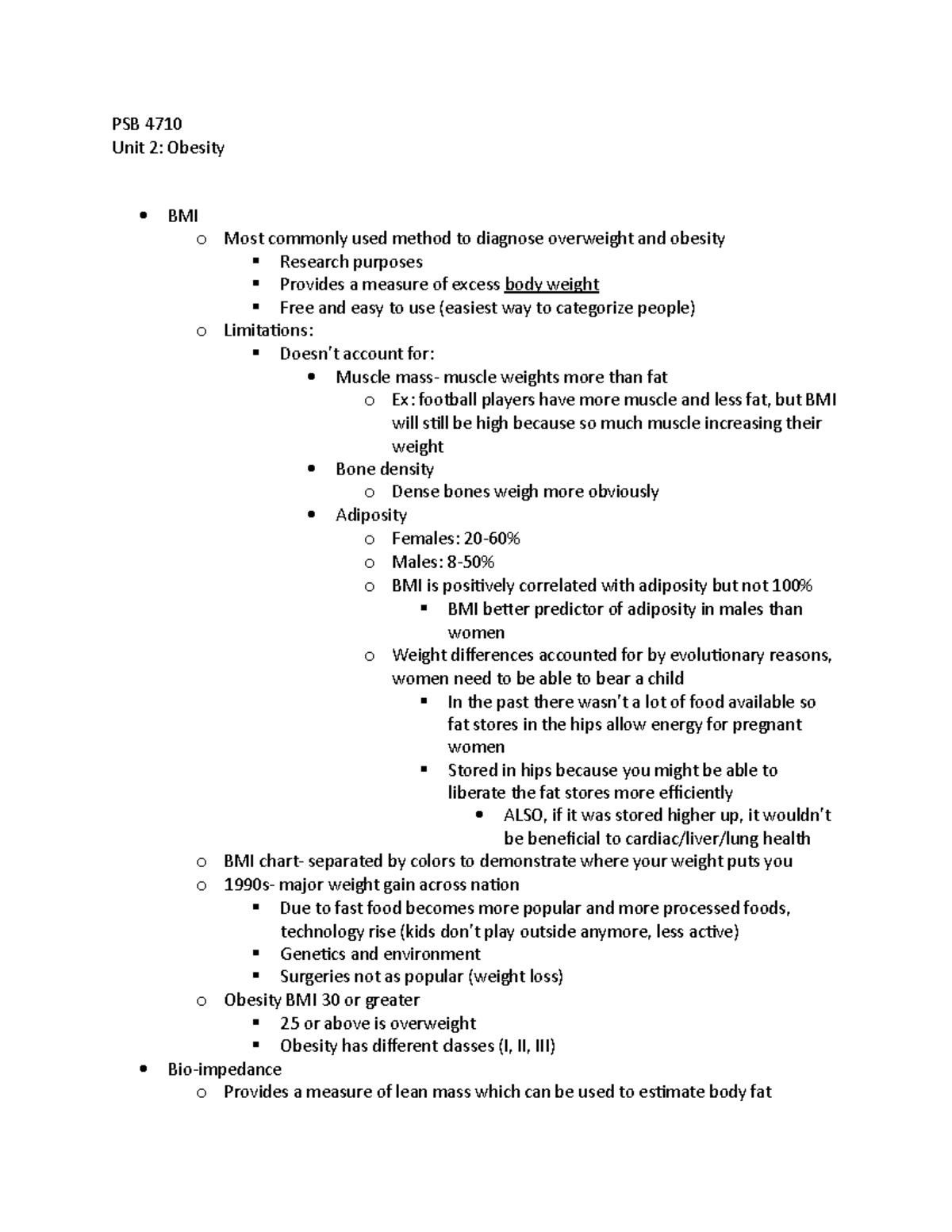 Obesity Notes - PSB 4710 Unit 2: Obesity BMI o Most commonly used ...