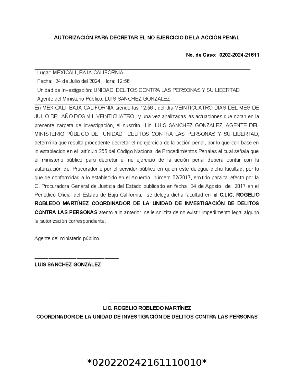 Autorización PARA Decretar EL NO Ejercicio DE LA Acción Penal ...