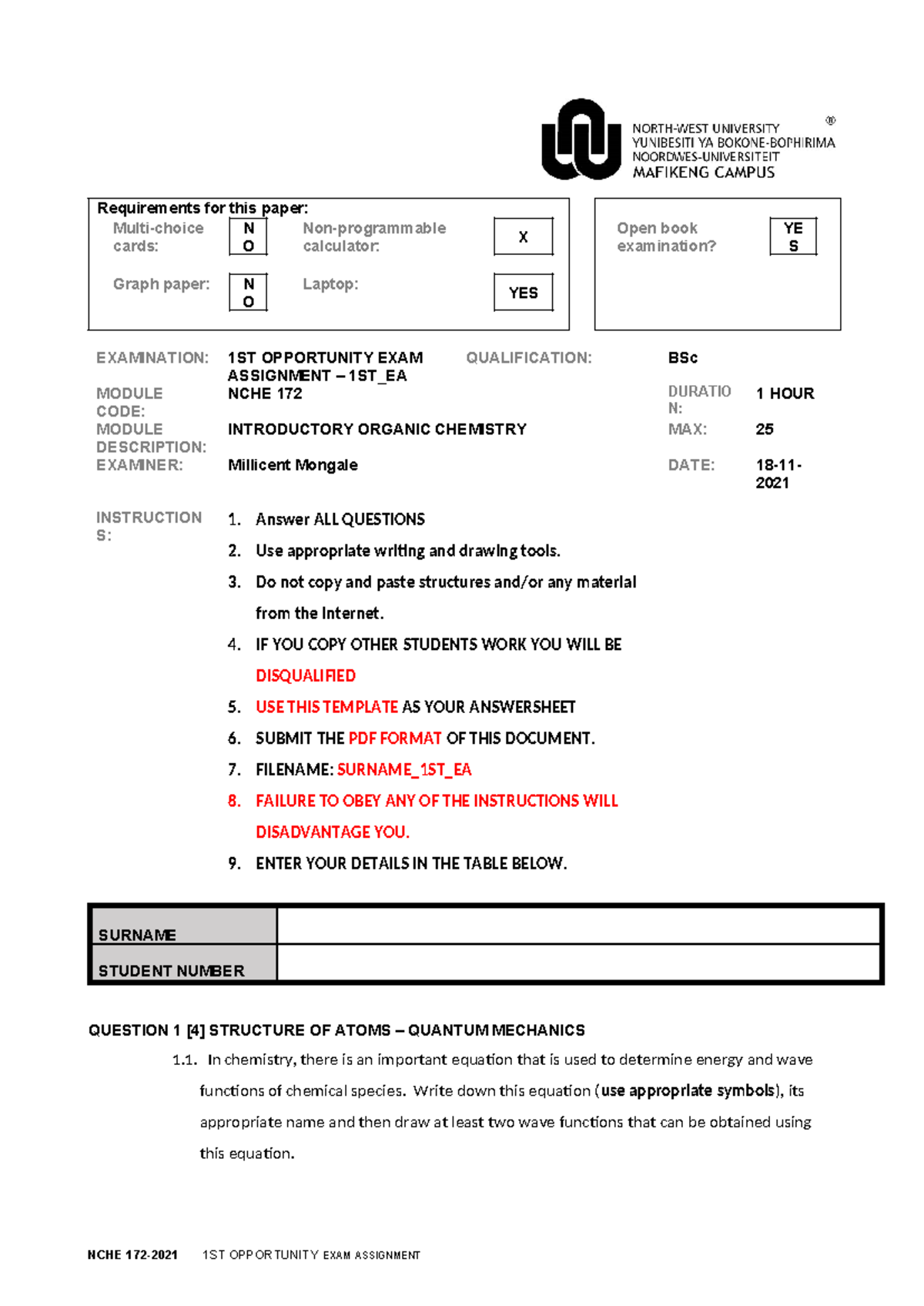 NCHE 172-EXAM Assignment-21-1ST OPP - Requirements for this paper ...