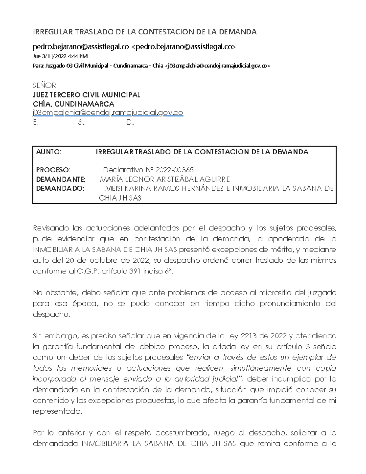 017 - Traslado Irregular De La Contestación De La Demanda. - IRREGULAR ...