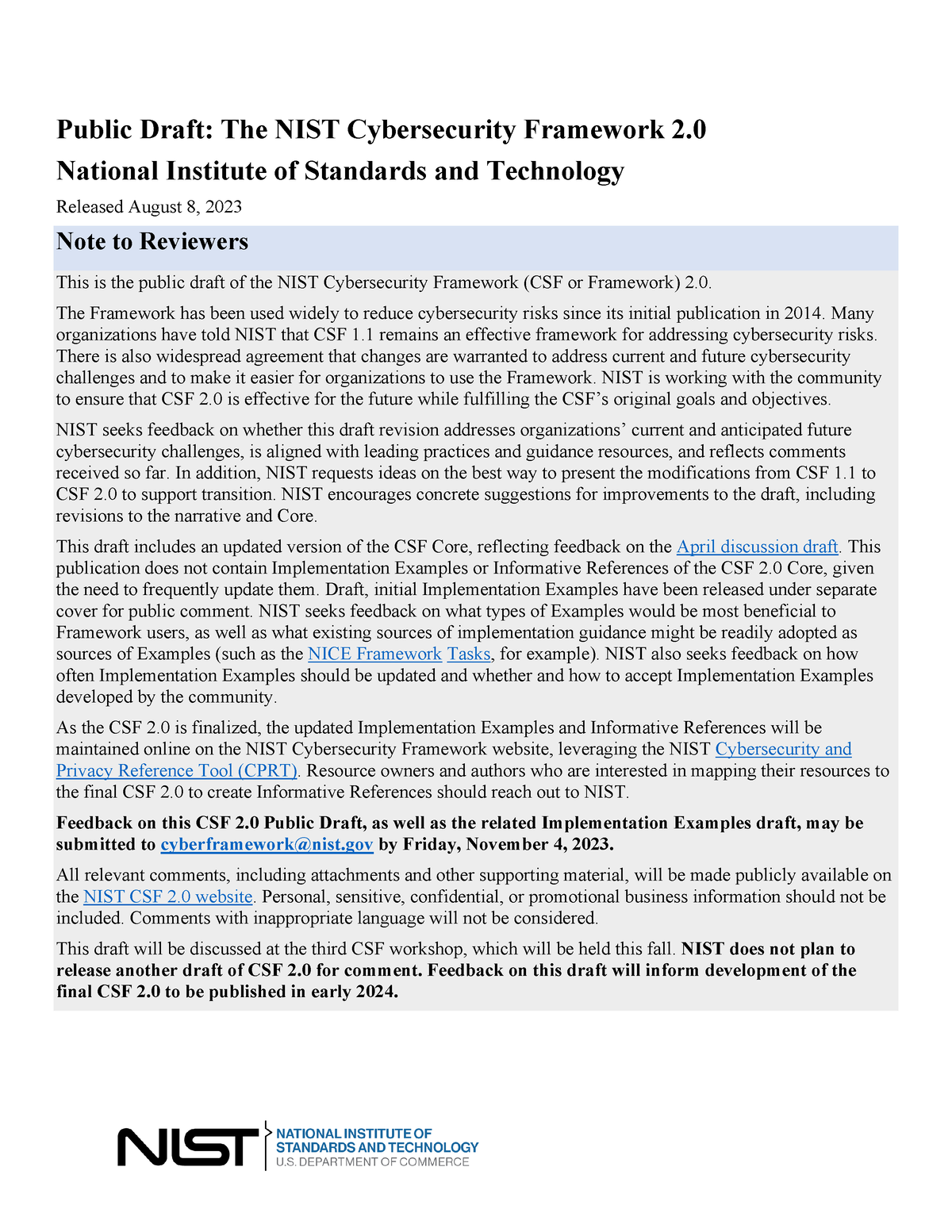 NIST Cybersecurity Framework 2.0 Public Draft (August 8, 2023) - Public ...