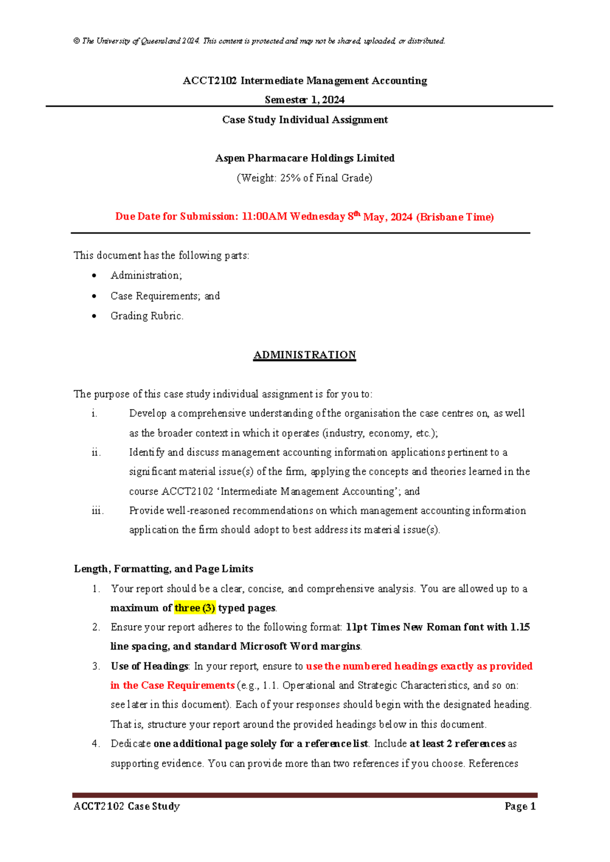 CASE Study SEM 1 2024 ACCT2102 - ACCT2102 Intermediate Management ...