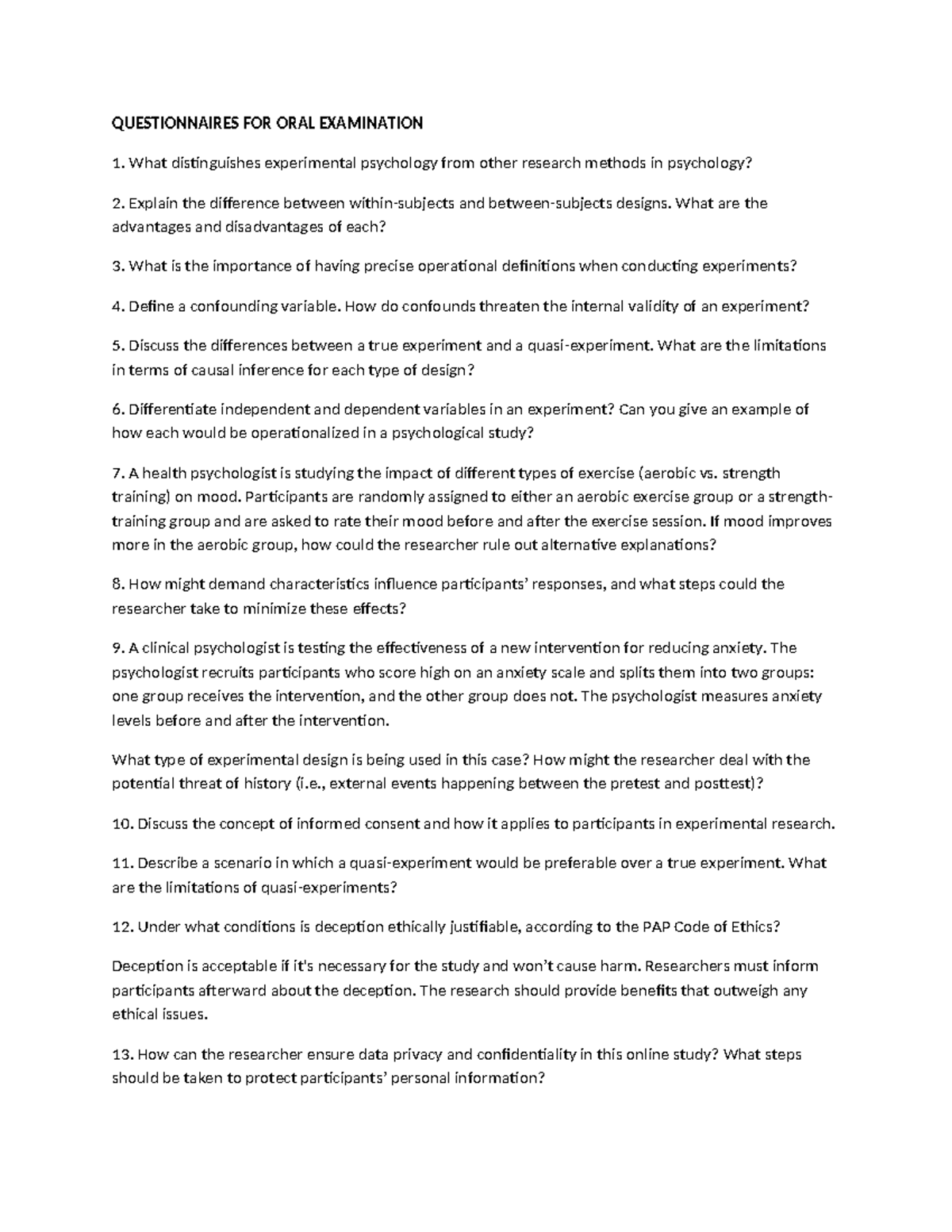 Experimental Psychology Questionnaire - QUESTIONNAIRES FOR ORAL ...
