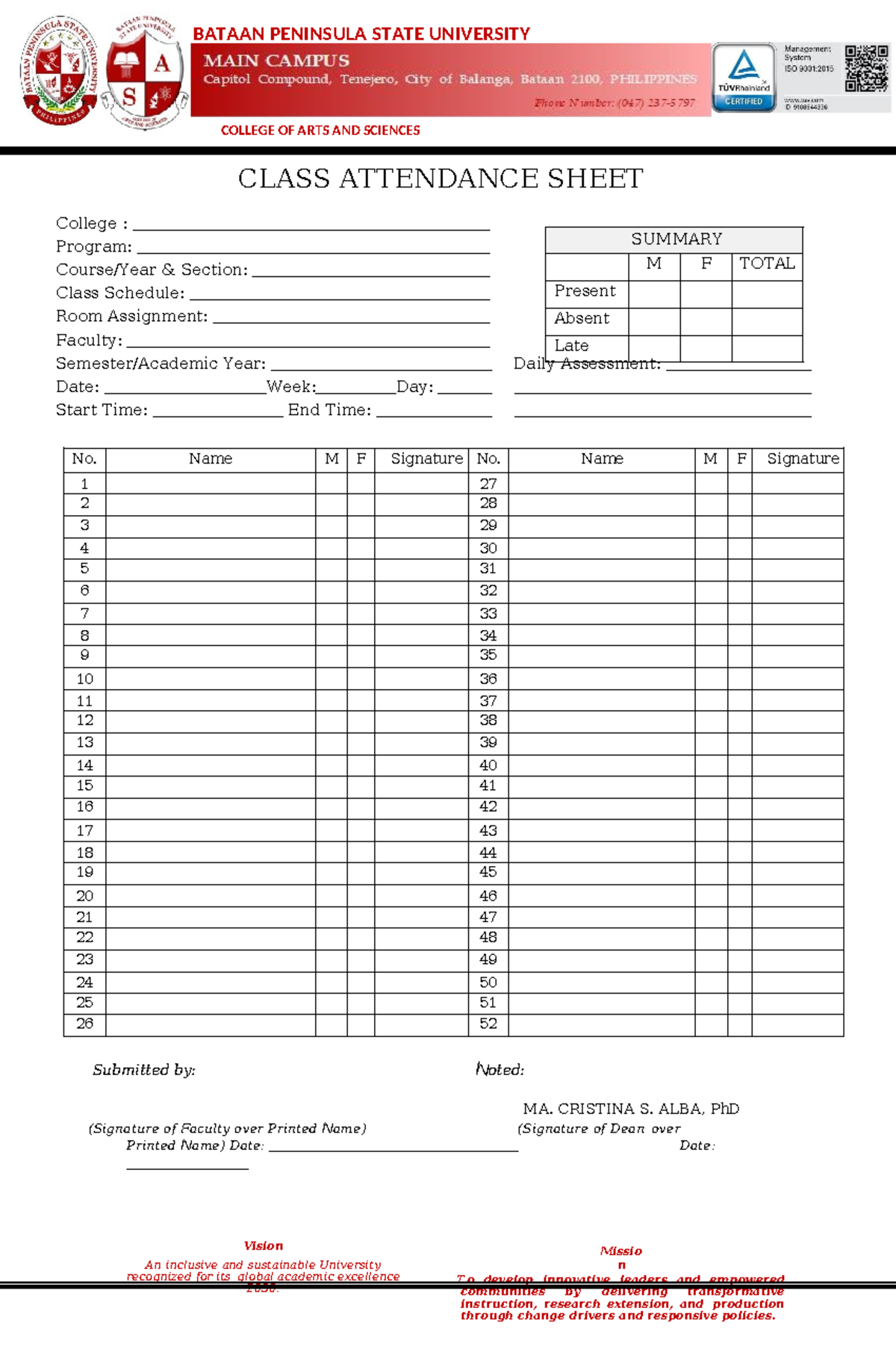 CAS Class- Attendance- Sheet-FOR-F2F - CLASS ATTENDANCE SHEET College ...