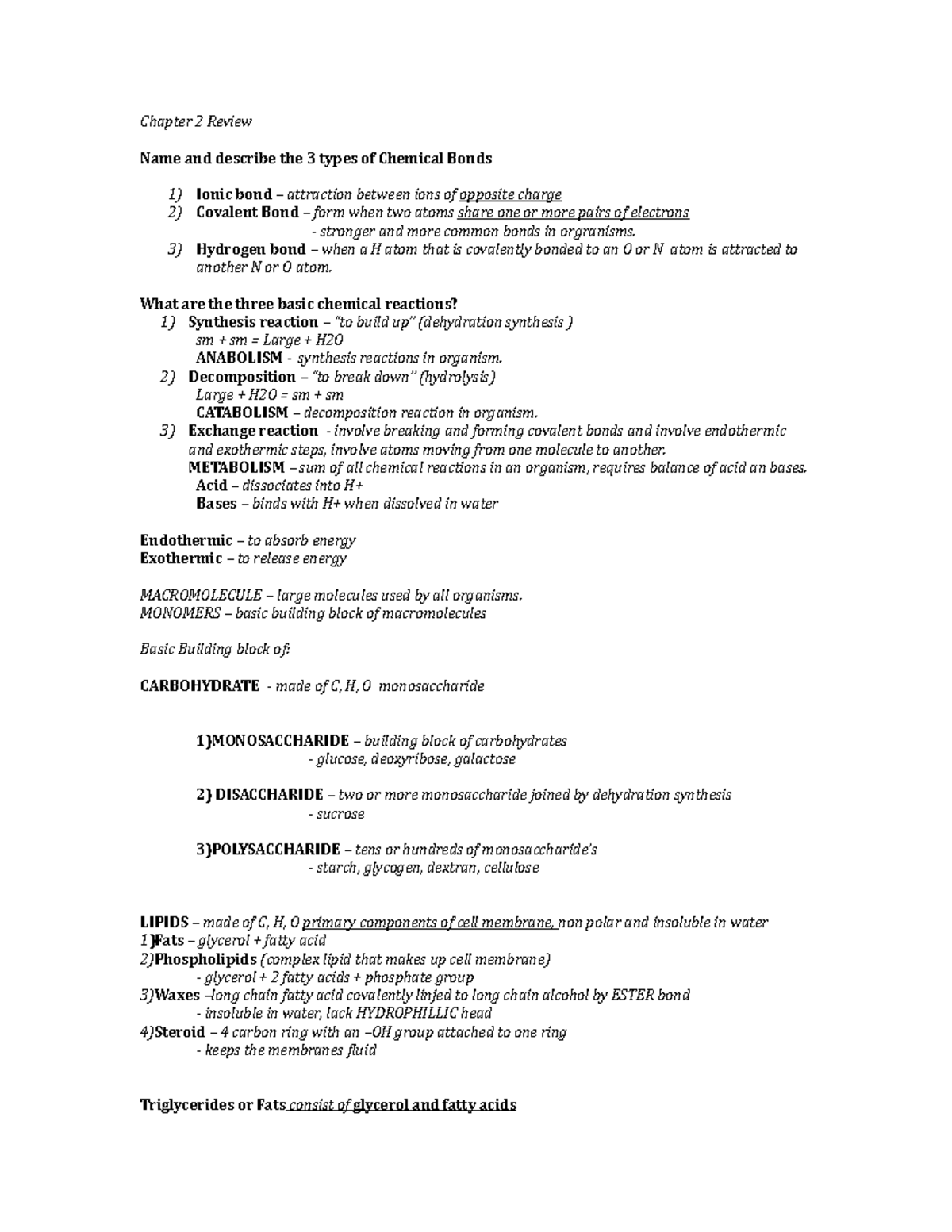 Chapter 2 Review Chapter Review Name and describe the types of Chemical