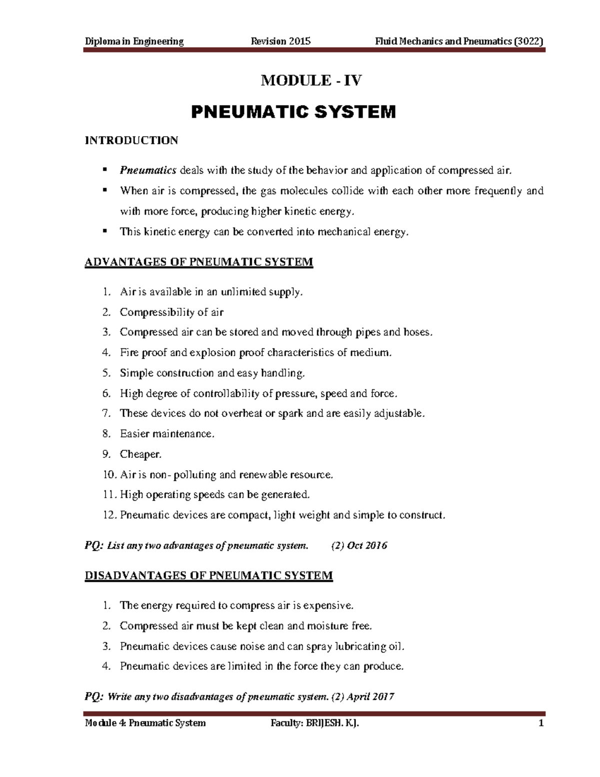 4 th Module Notes MODULE IV PNEUMATIC SYSTEM INTRODUCTION