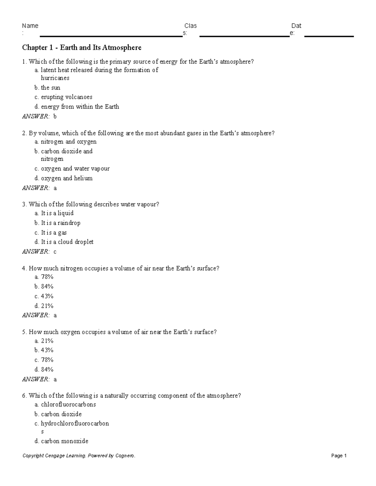 Chapter 1 test bank - Name : Clas s: Dat e: Chapter 1 Earth and Its ...