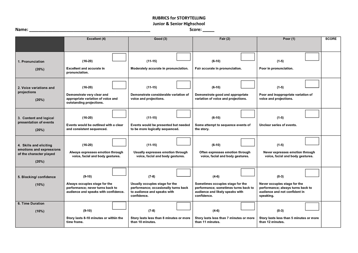 Rubrics for Storytelling - RUBRICS for STORYTELLING Junior & Senior ...