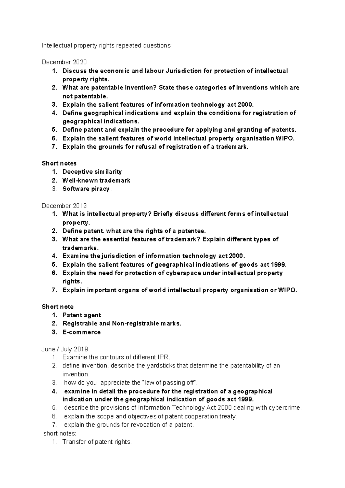Intellectual property rights 1 repeated questions - Intellectual property  rights repeated questions: - StuDocu