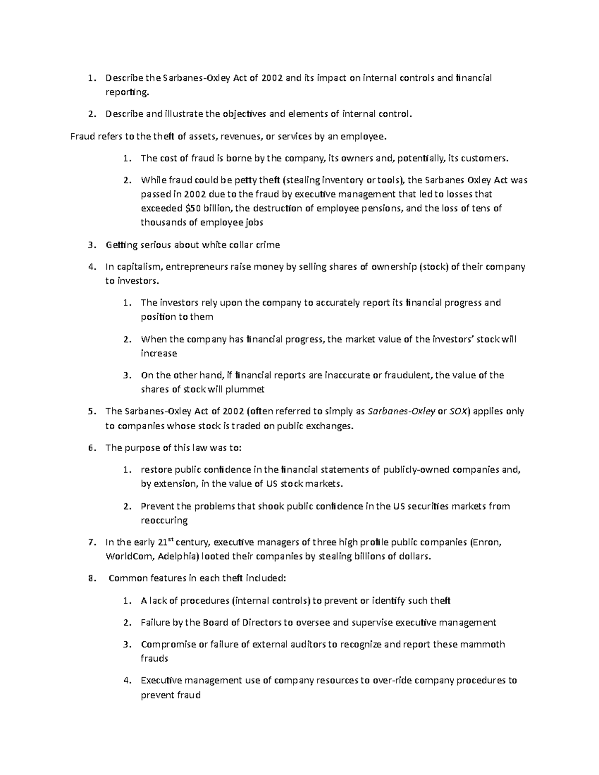 Sox Lecture notes 13 Describe the SarbanesOxley Act of 2002 and