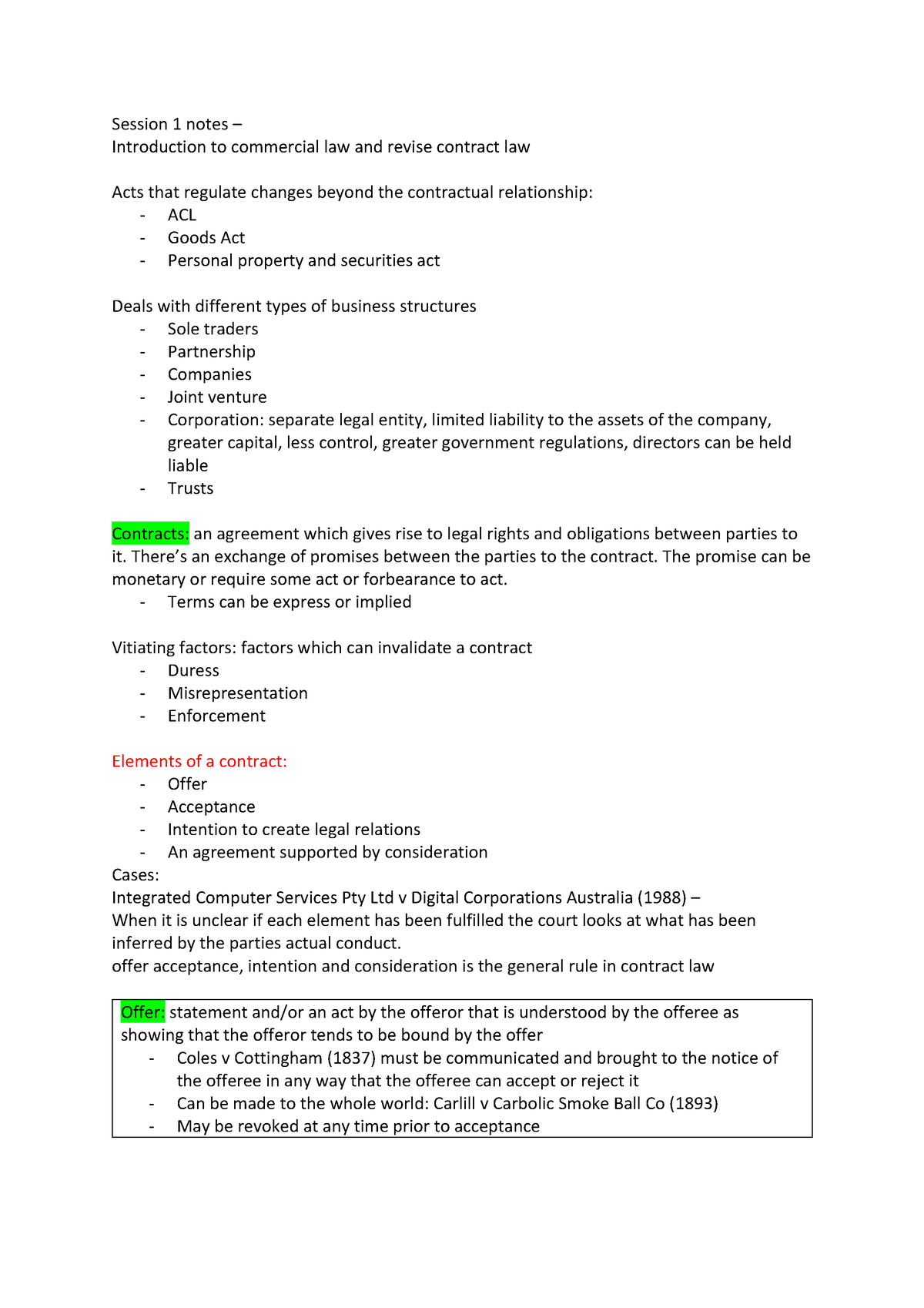 Commerical Law Notes Session 1 Notes Introduction To Commercial Law And Revise Contract Law 6707