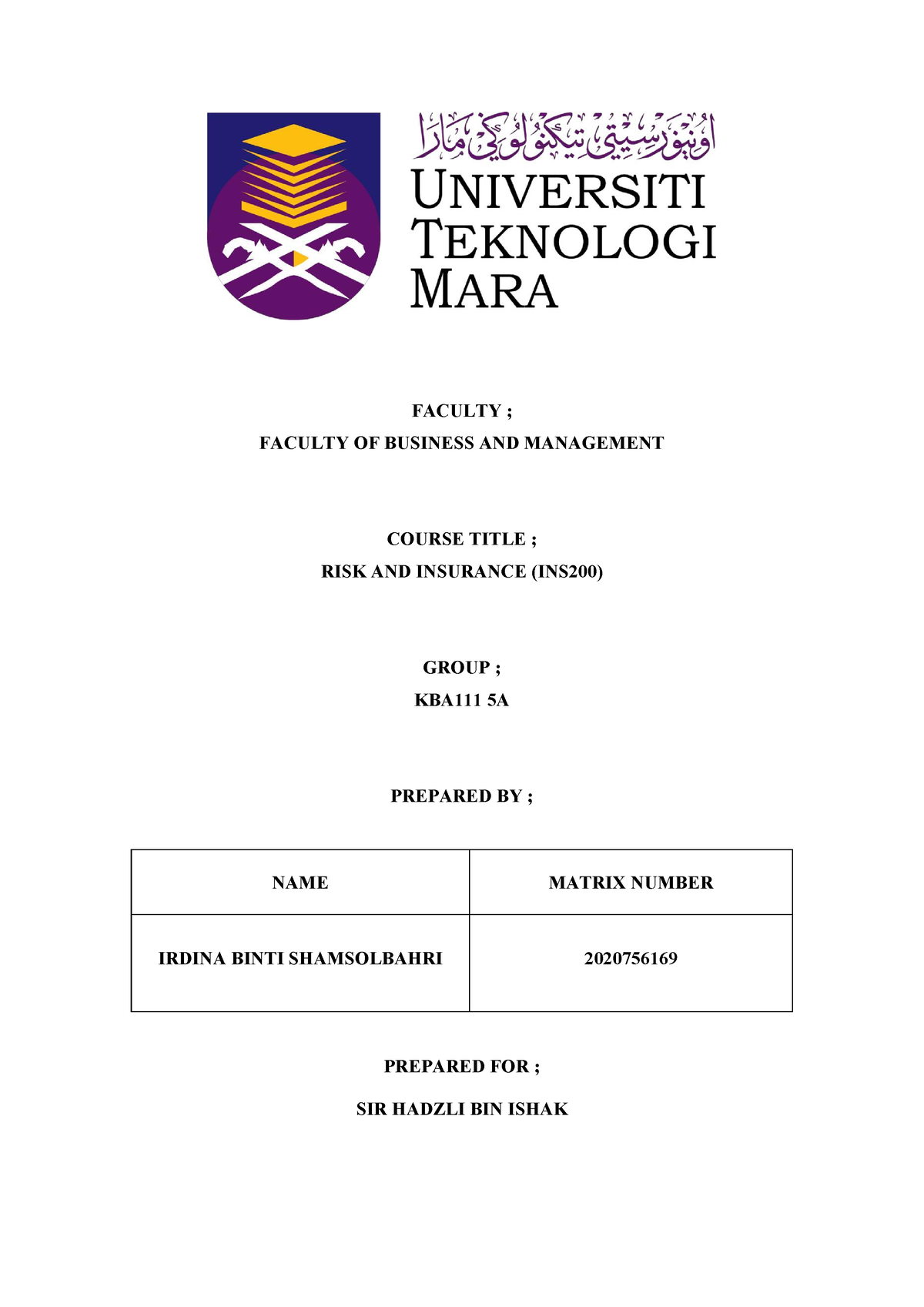 INS200 Individual Assignment - FACULTY ; FACULTY OF BUSINESS AND ...