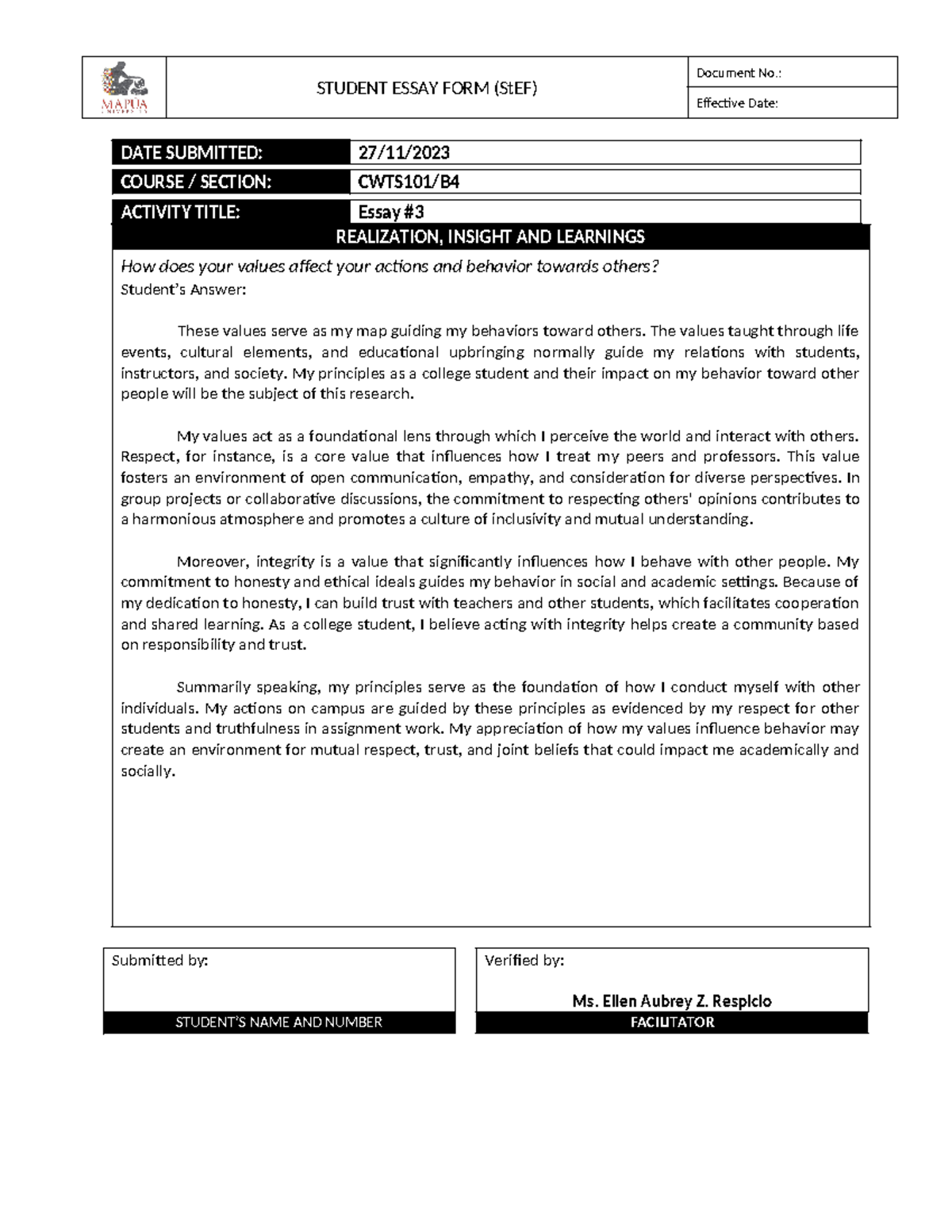 Form - CWTS101 Essay #3 - STUDENT ESSAY FORM (StEF) Document No ...