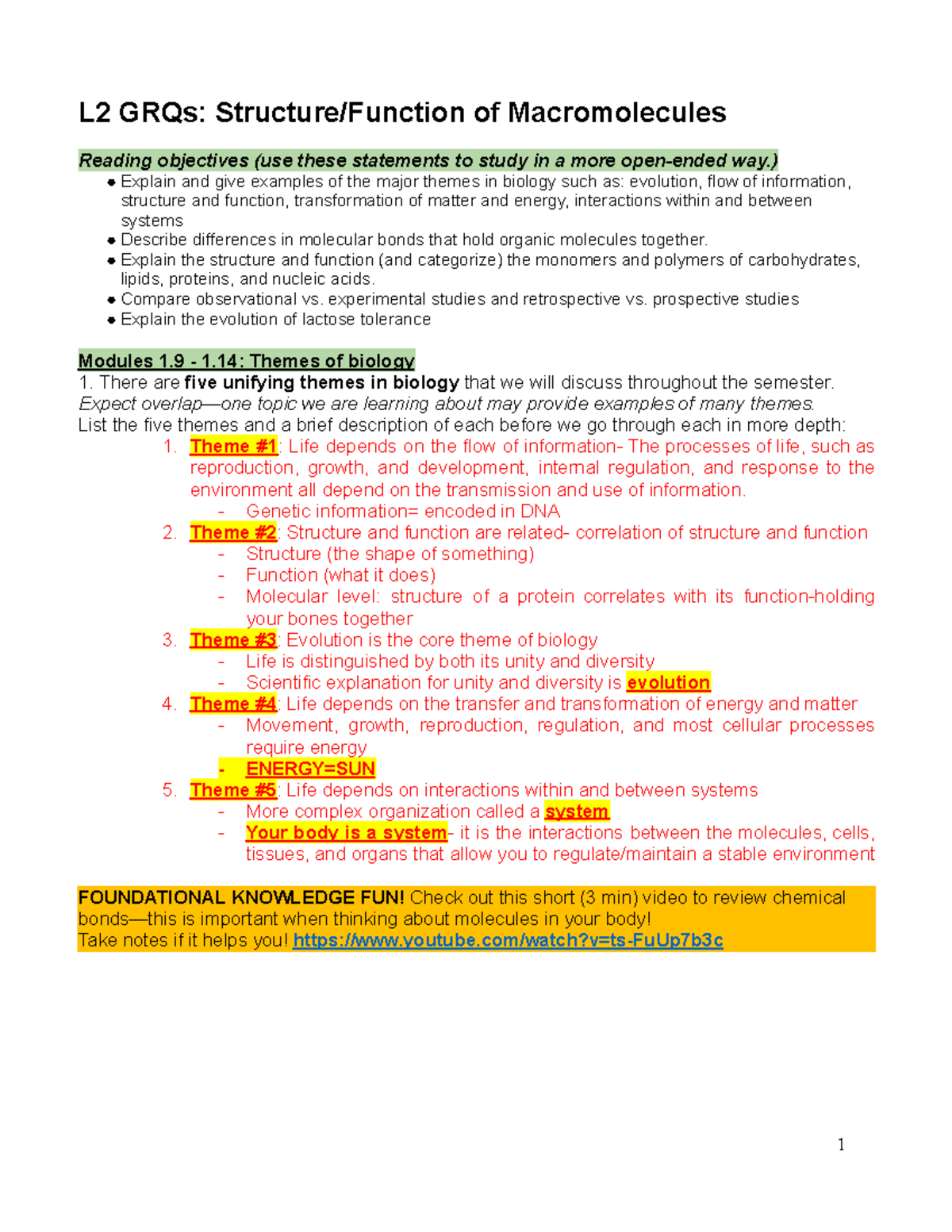 Lesson 2 GRQs Structure and Function of Macromolecules - L2 GRQs ...