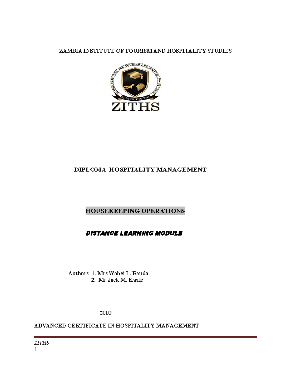 Housekeeping Operations Module ZAMBIA INSTITUTE OF TOURISM AND