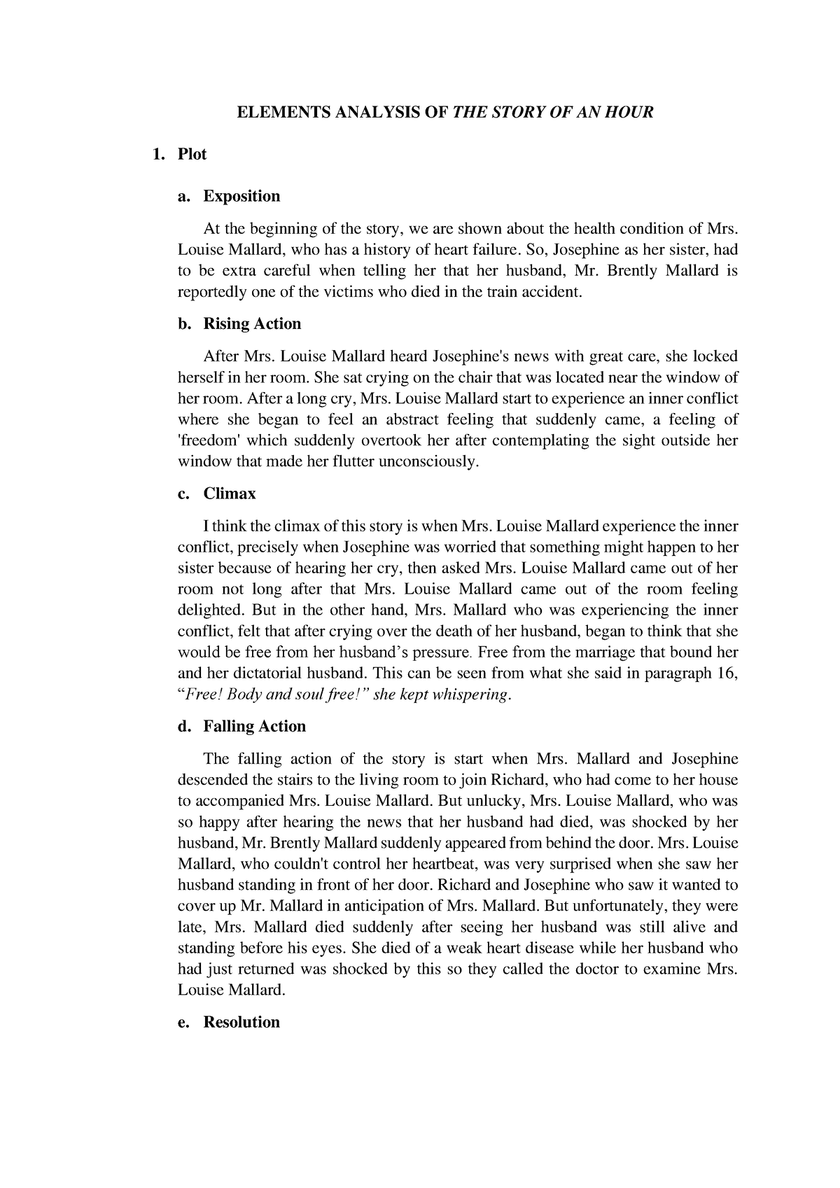 Genlit Elements Analysis OF THE Story OF AN HOUR ELEMENTS ANALYSIS 