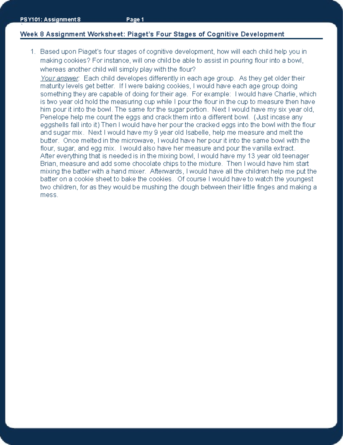 PSY101H wk8 assn - Psychology - PSY101: Assignment 8 Page 1 ` Week 8 ...