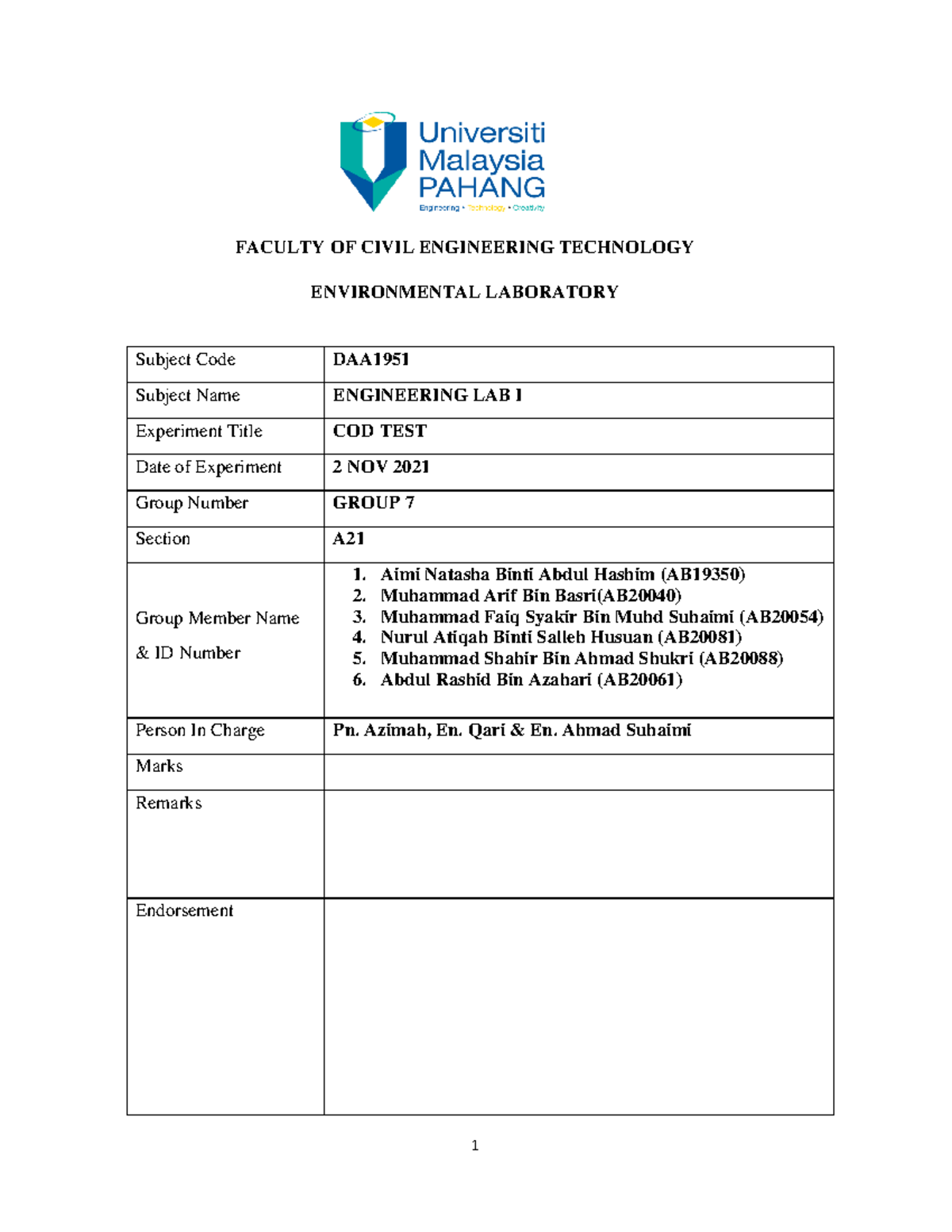 COD Lab Report Environment Lab - Civil engineering - Studocu