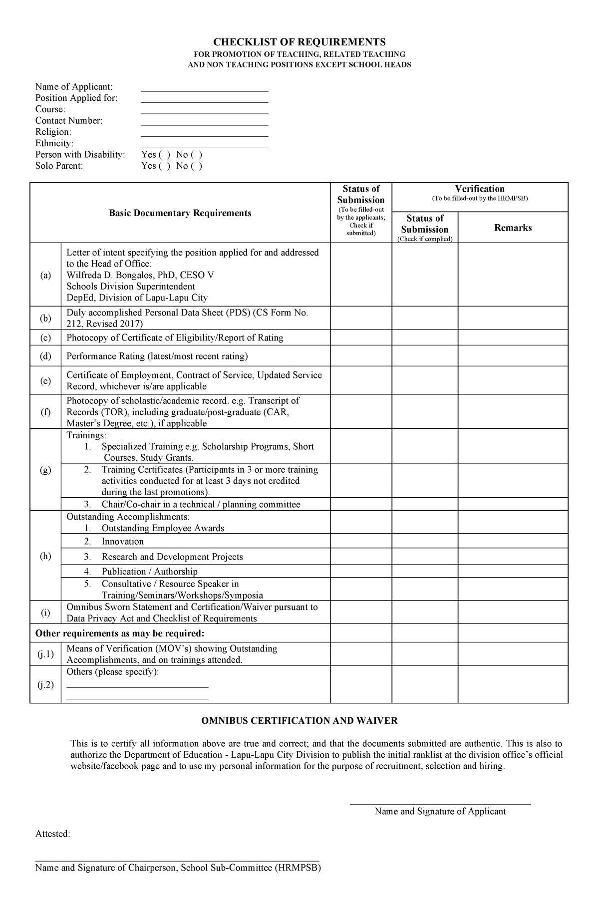 Checklist of Requirements and Omnibus Certification - CHECKLIST OF ...