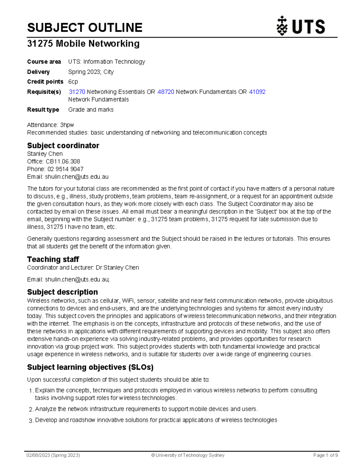 Mobile networking subject outline - SUBJECT OUTLINE 31275 Mobile ...