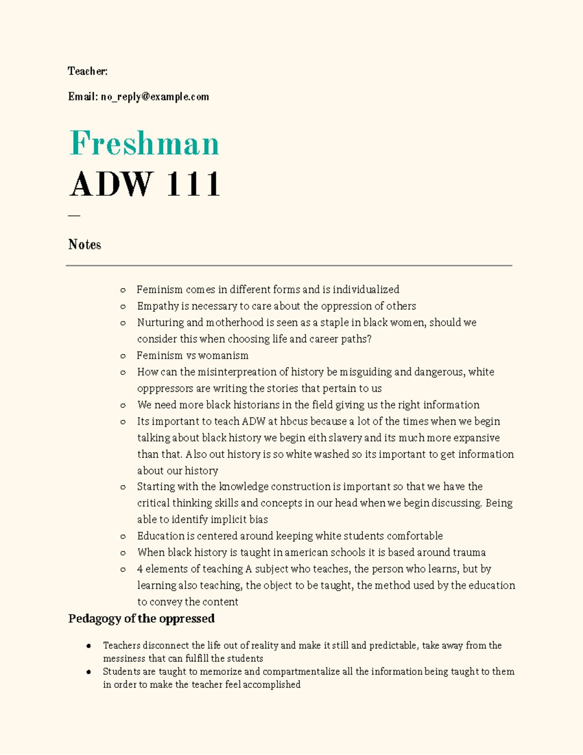 Adw notes - Teacher: Email: no_reply@example Freshman ADW 111 ___ Notes ...