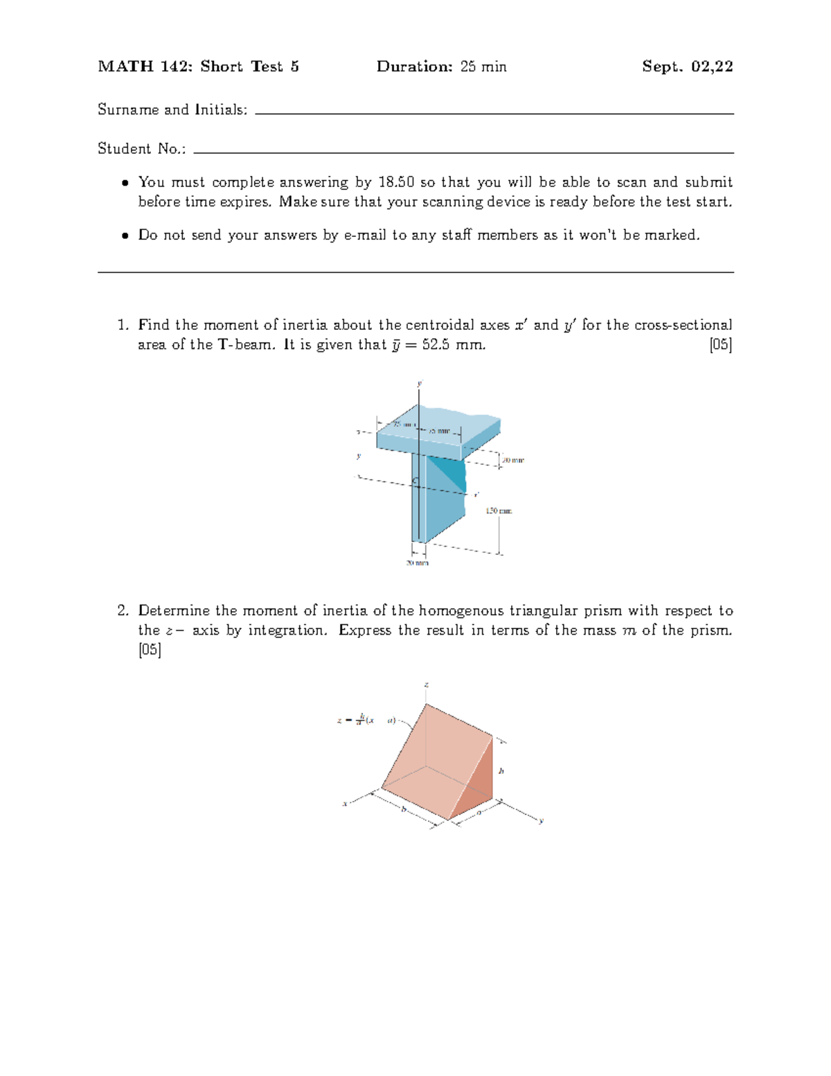 Short test5 - centroid test - MATH 142: Short Test 5 Duration: 25 min ...