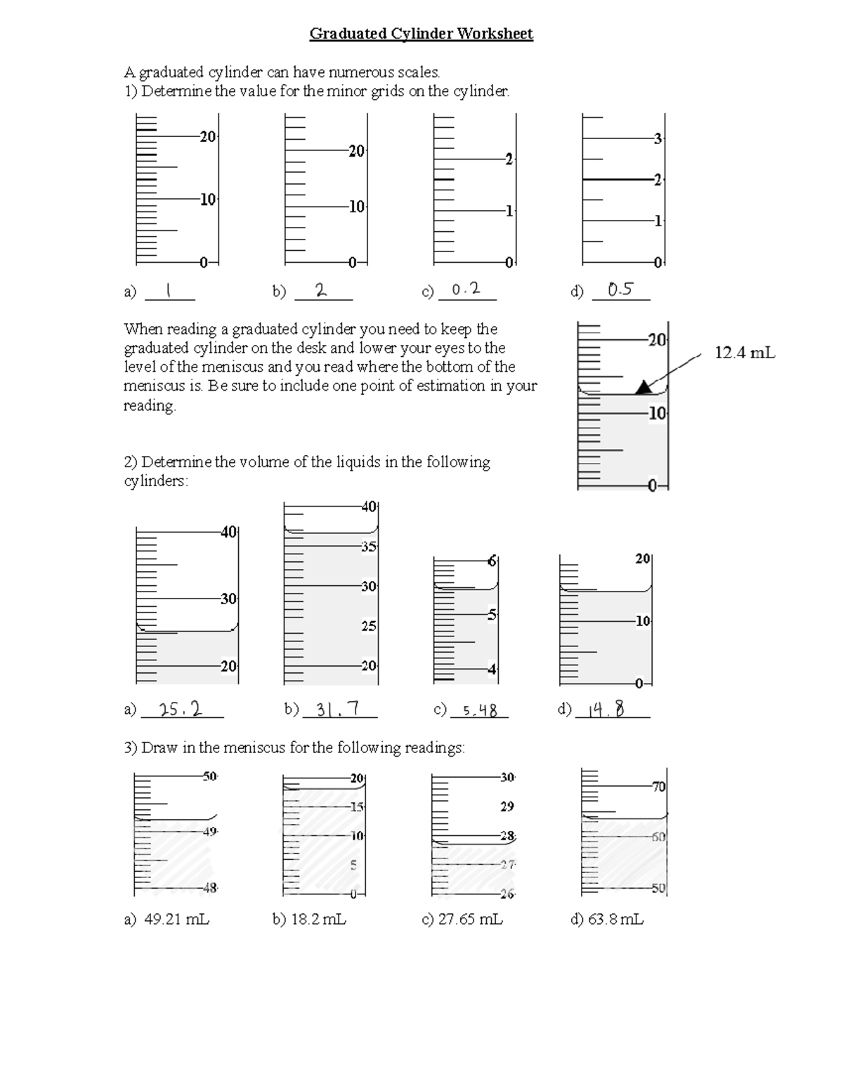 Graduated Cylinder Worksheet - Determine the value for the minor grids on  the cylinder. a) ______ b) - Studocu