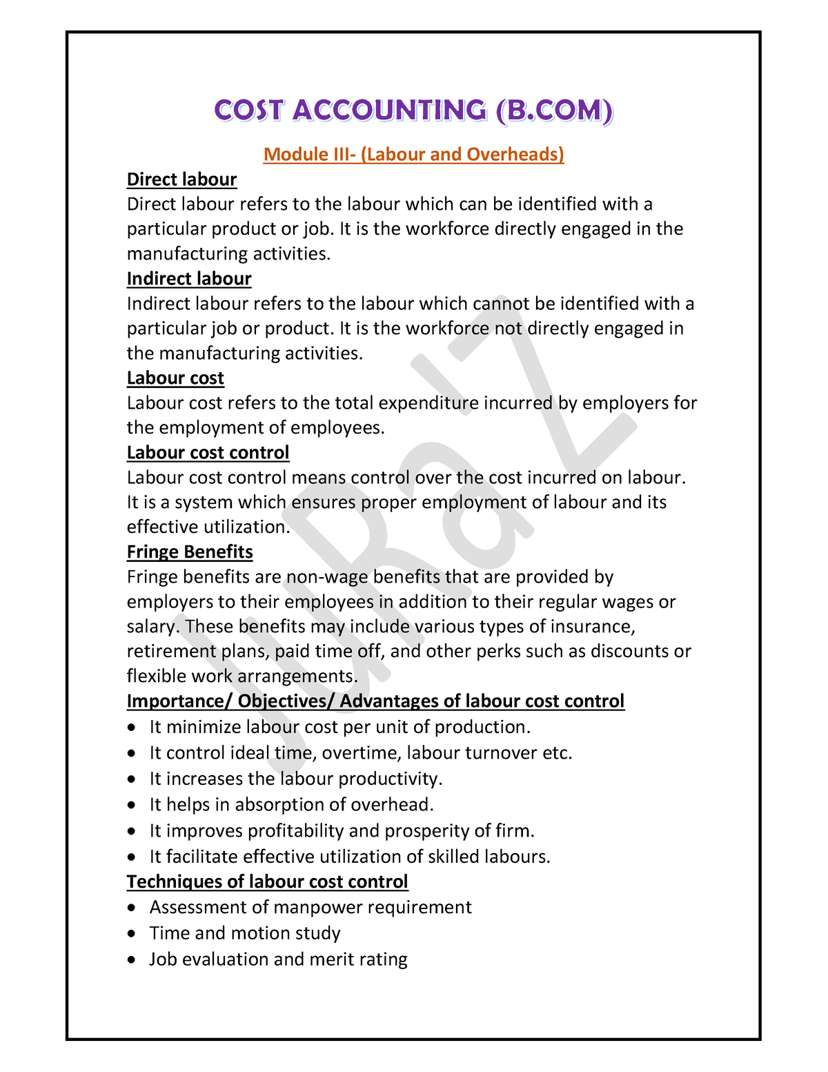 Cost Accounting- Bcom- Module 3 - Module III- (Labour And Overheads ...