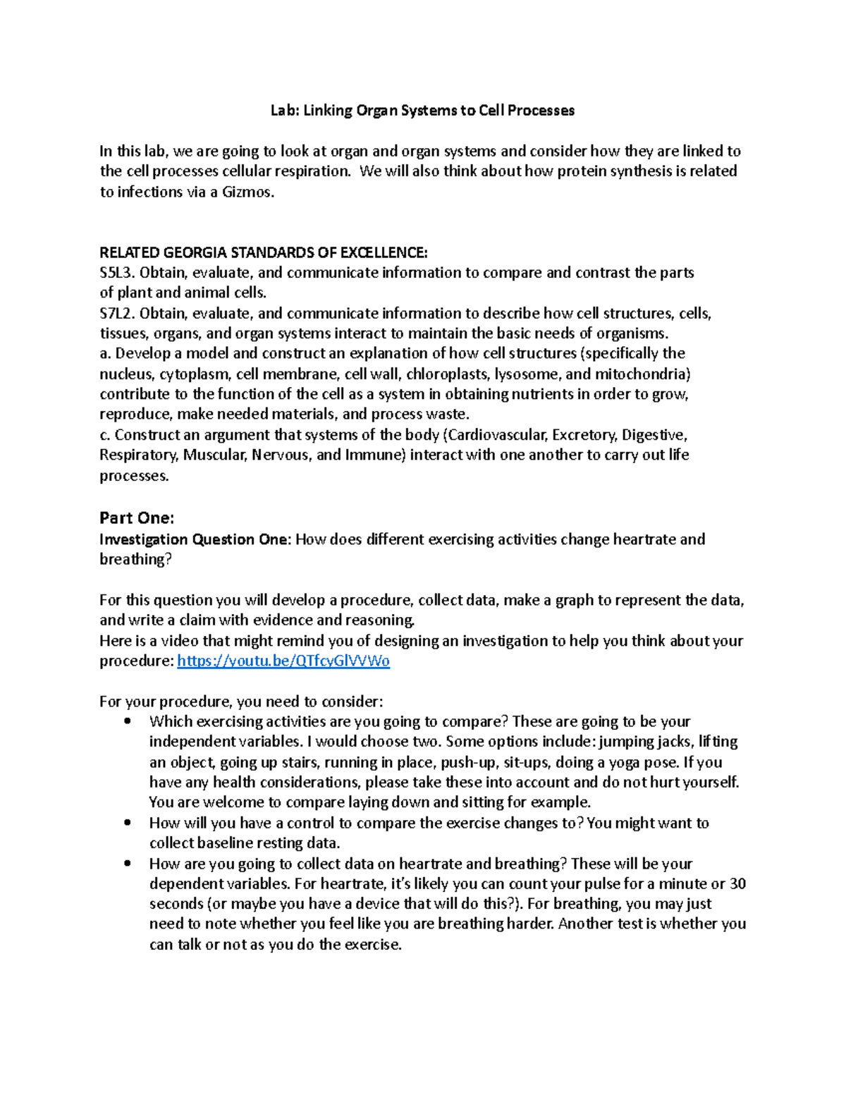 Organizationof Life Lab 1 Lab Linking Organ Systems to Cell Processes In this lab, we are