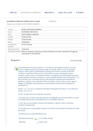 Questionário Unidade II Economia E Negócios - ECONOMIA E NEG”CIOS Teste ...