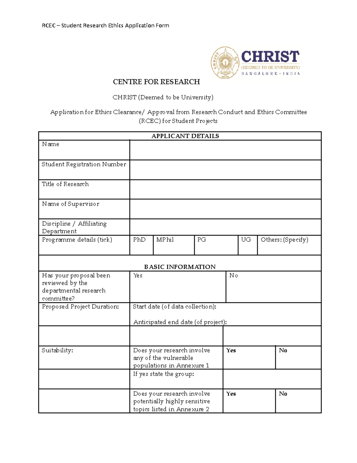 Ethics template - CENTRE FOR RESEARCH CHRIST (Deemed to be University ...