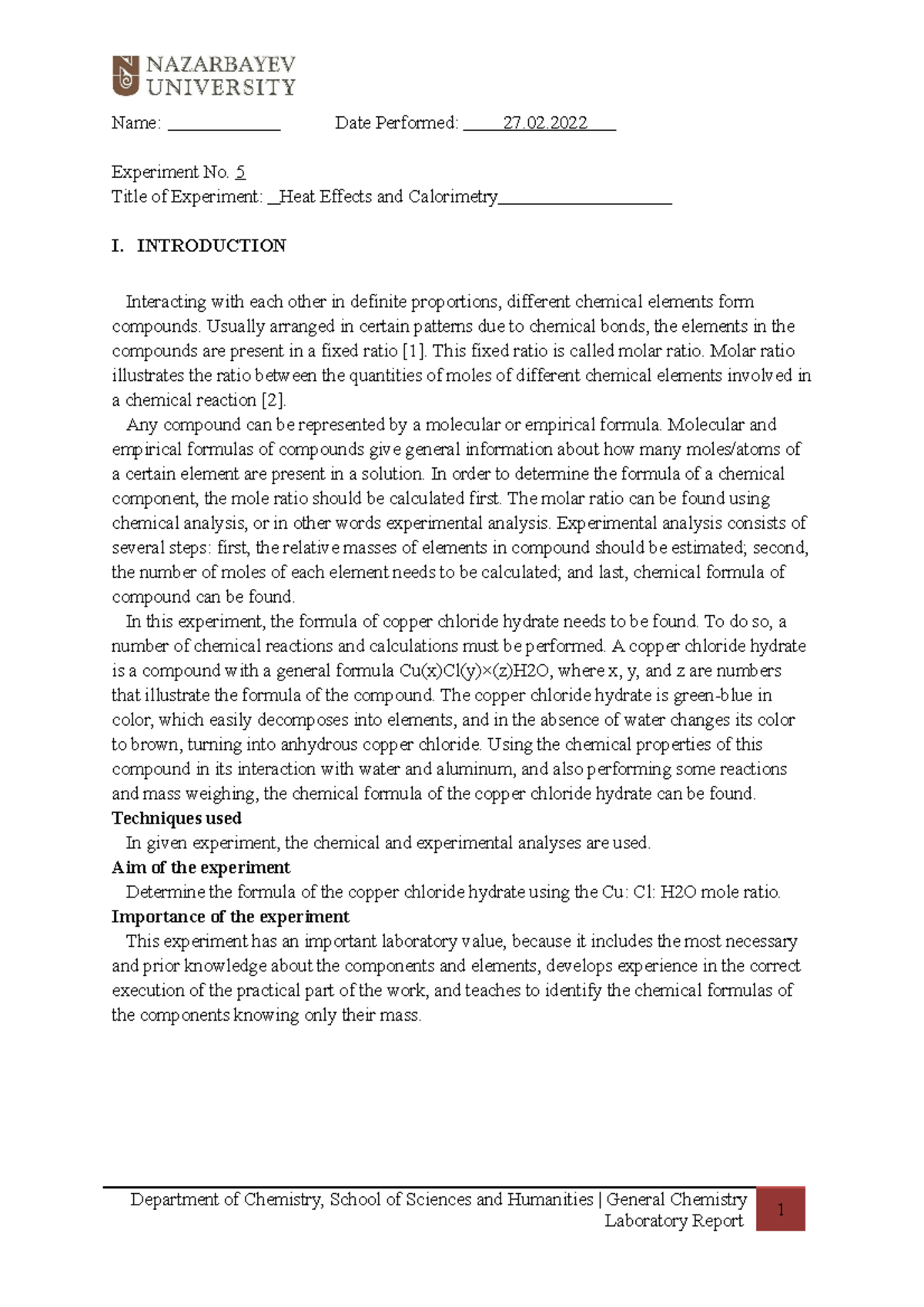 Laboratory report Heat Effects and Calorimetry Name Date Performed