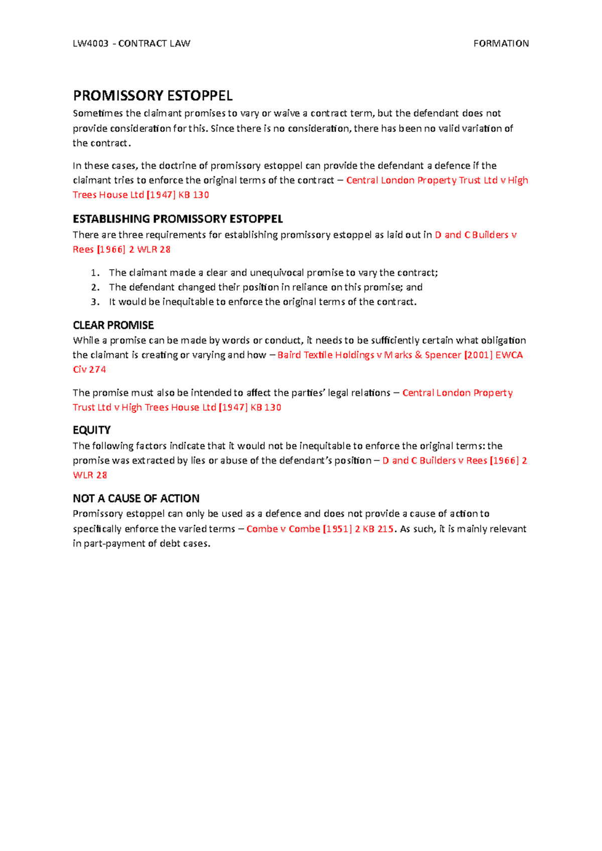 Contract Formation - Promissory estoppel - LW4003 - CONTRACT LAW ...